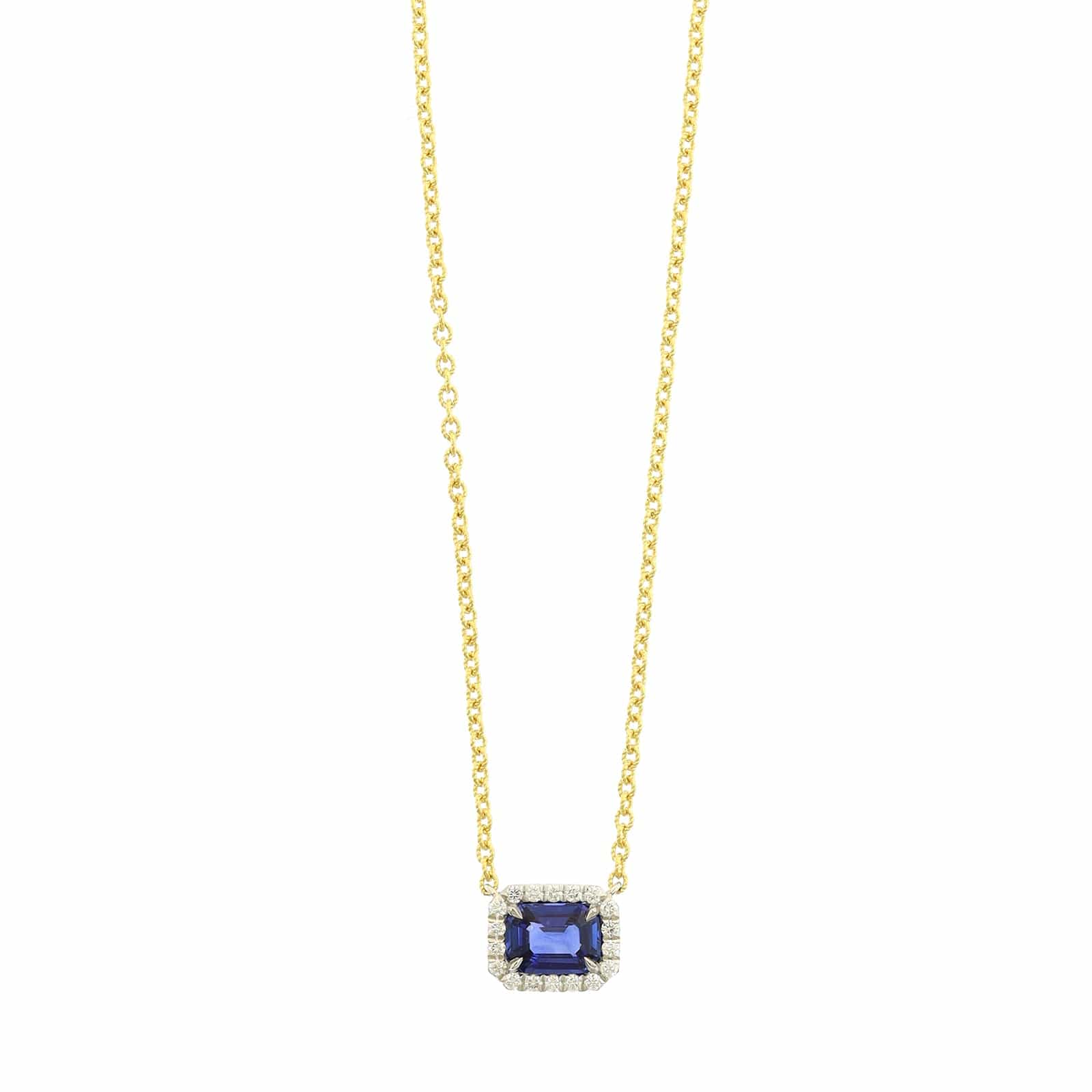 18K Yellow Gold and Platinum Octagonal Blue Sapphire and Diamond Halo Pendant Necklace - Image 5