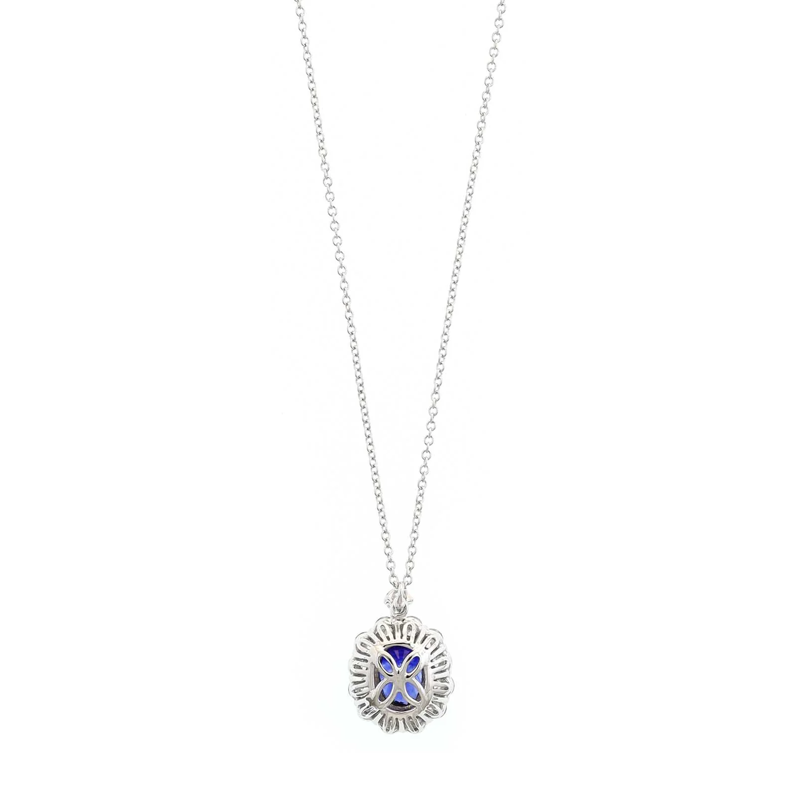 18K White Gold Oval Sapphire and Diamond Halo Necklace - Image 2
