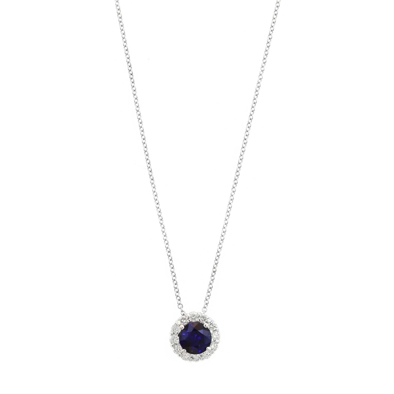 18K White Gold Round Sapphire and Diamond Halo Necklace
