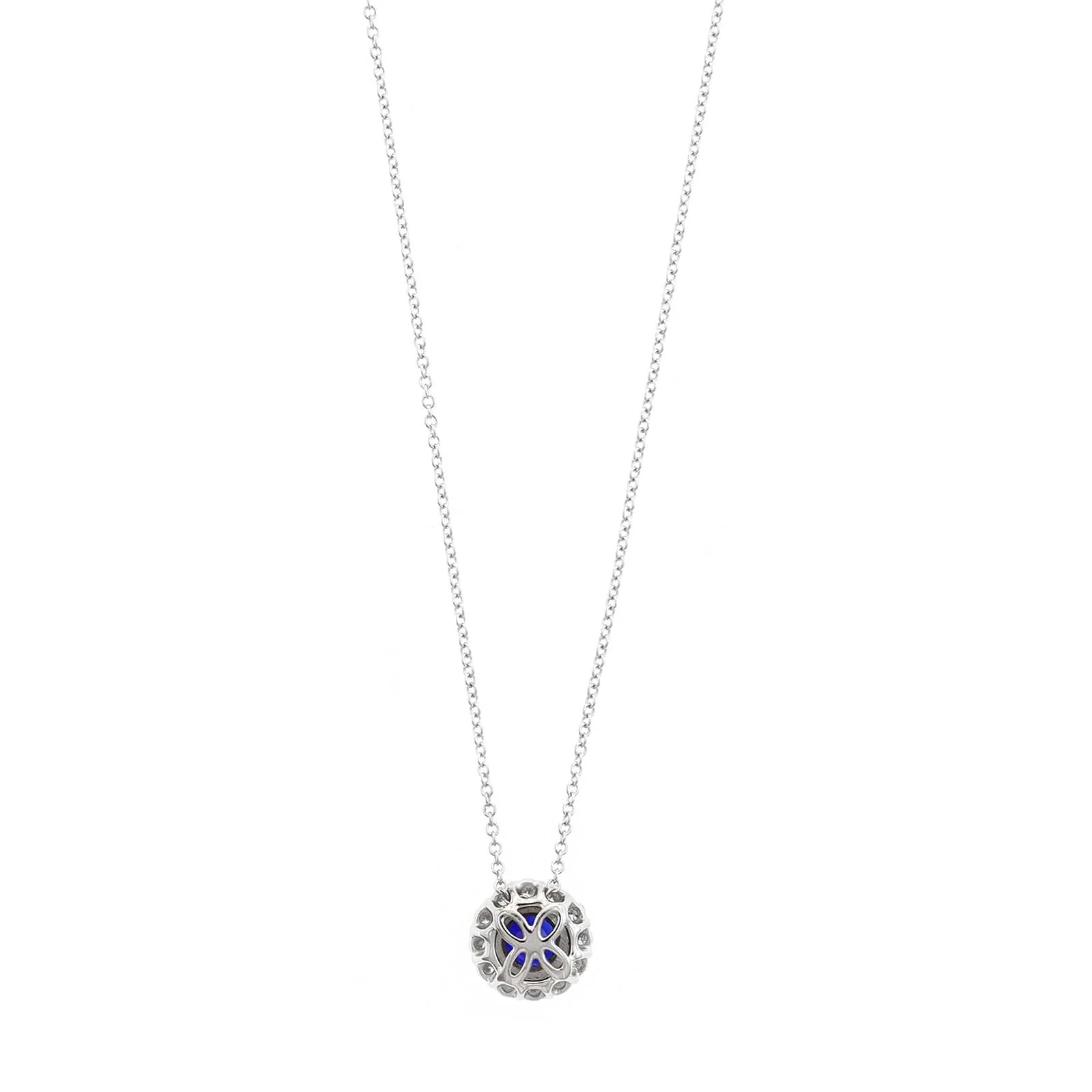 18K White Gold Round Sapphire and Diamond Halo Necklace - Image 2