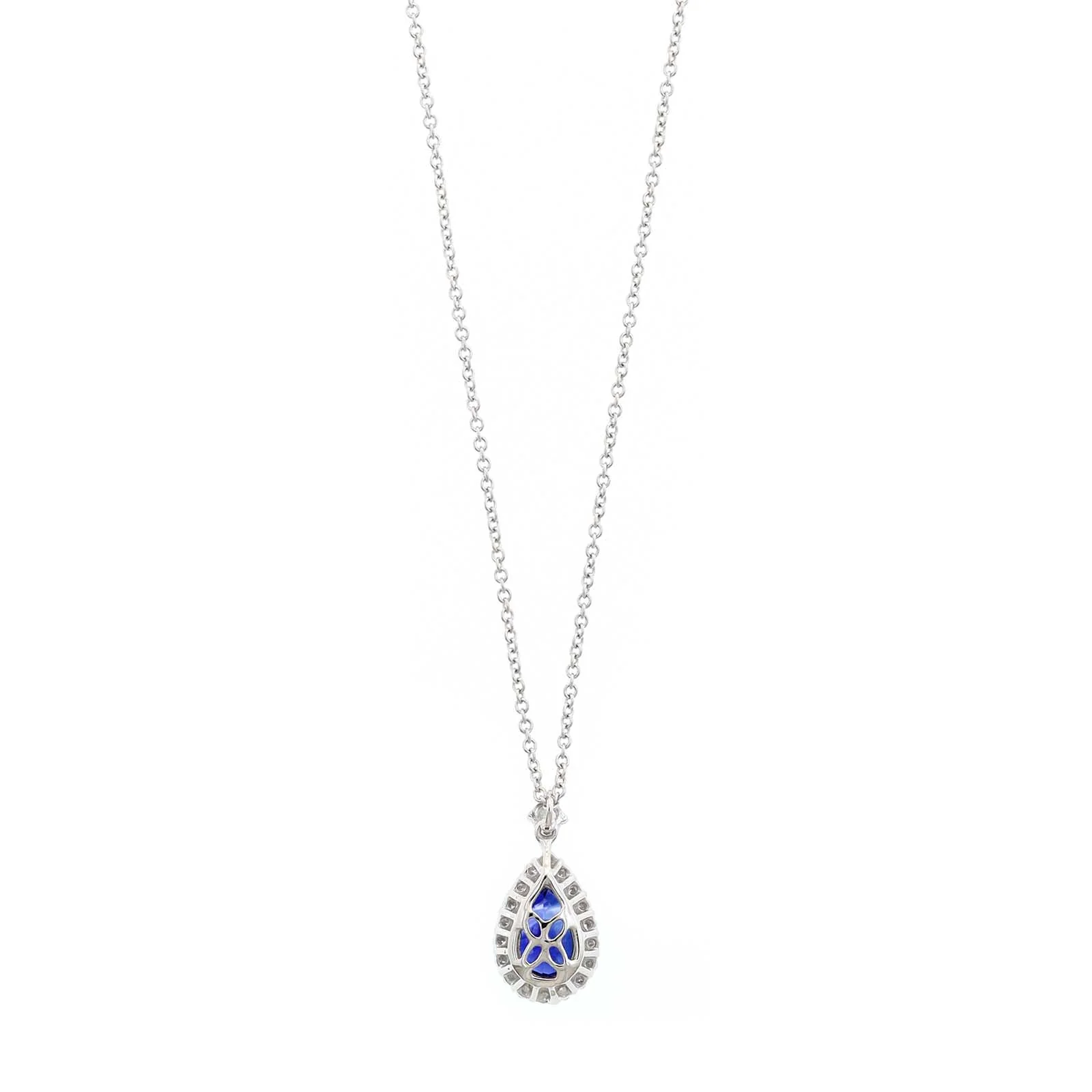 18K White Gold Pear Shaped Sapphire and Diamond Halo Necklace - Image 2