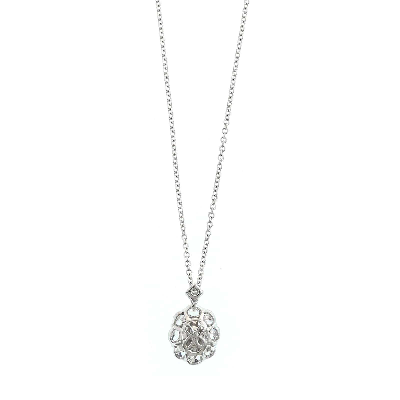 Platinum and 18K White Gold Oval Shaped Sapphire and Diamond Halo Necklace - Image 2