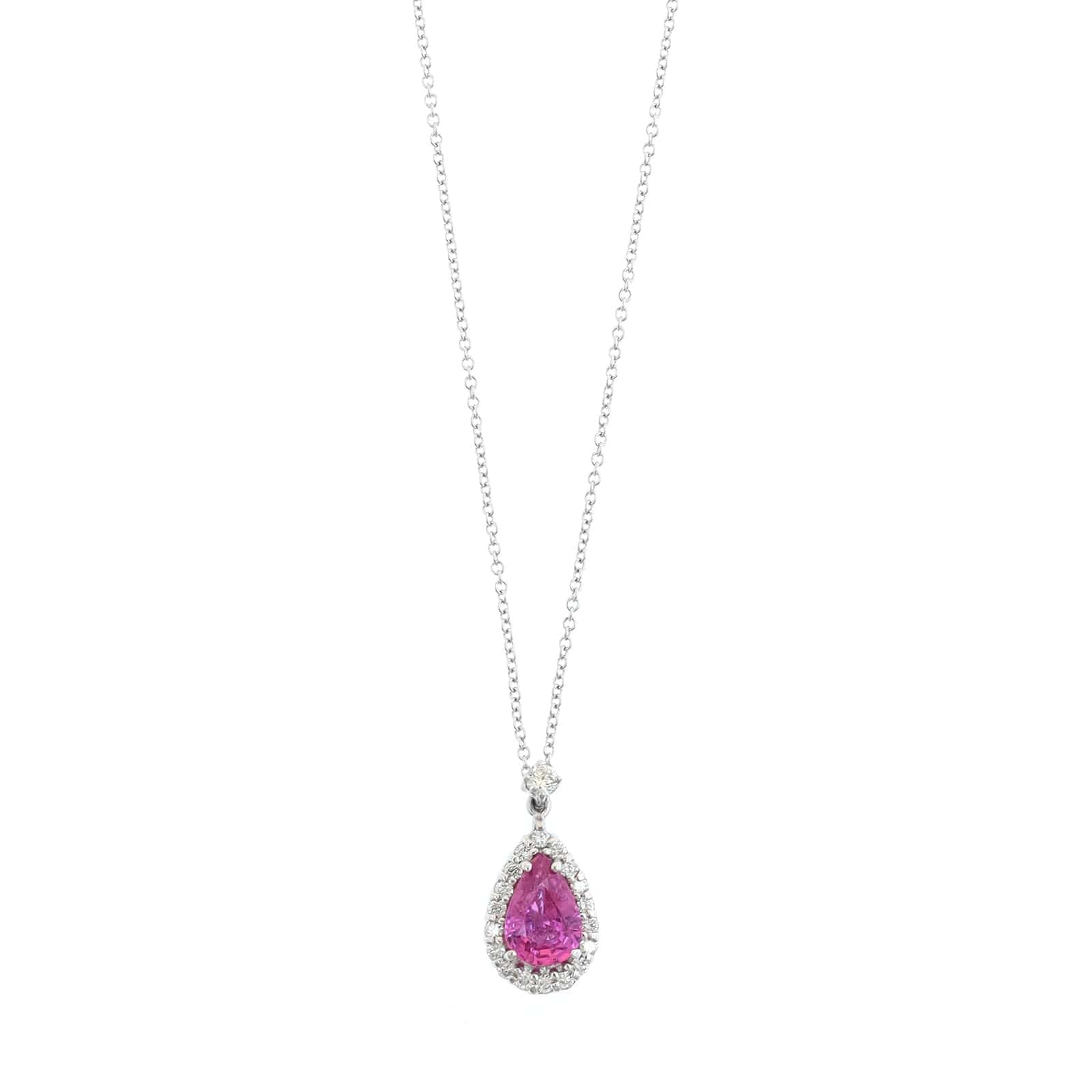 Platinum Pear Shaped Pink Sapphire and Diamond Halo Necklace