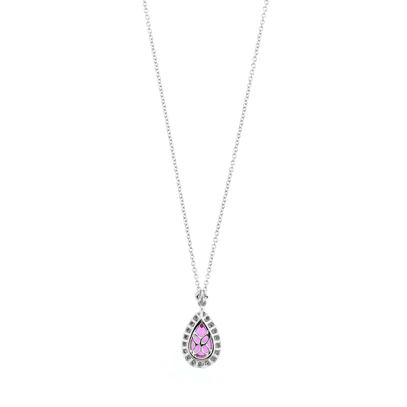 Platinum Pear Shaped Pink Sapphire and Diamond Halo Necklace - Image 2