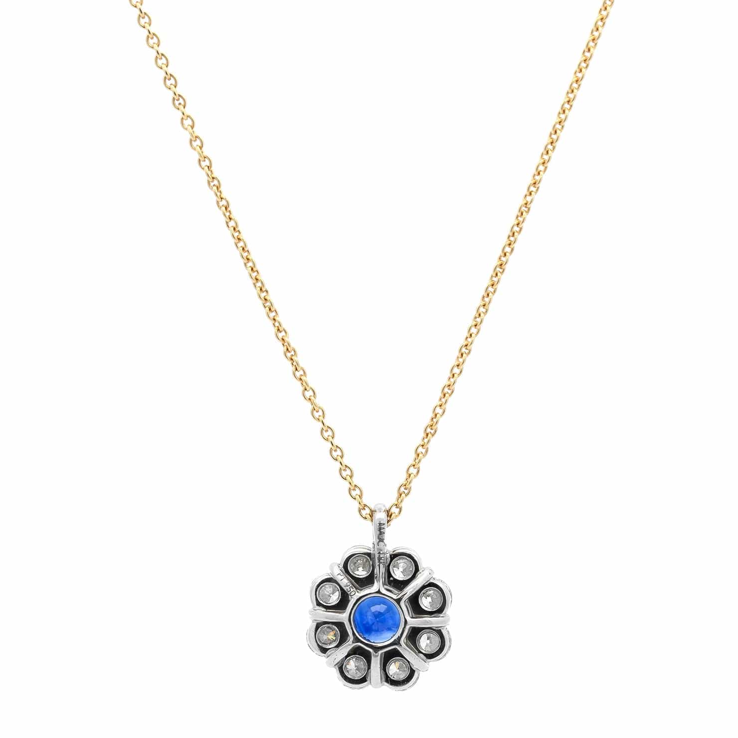 18K Yellow Gold and Platinum Round Shaped Sapphire and Diamond Halo Necklace - Image 2