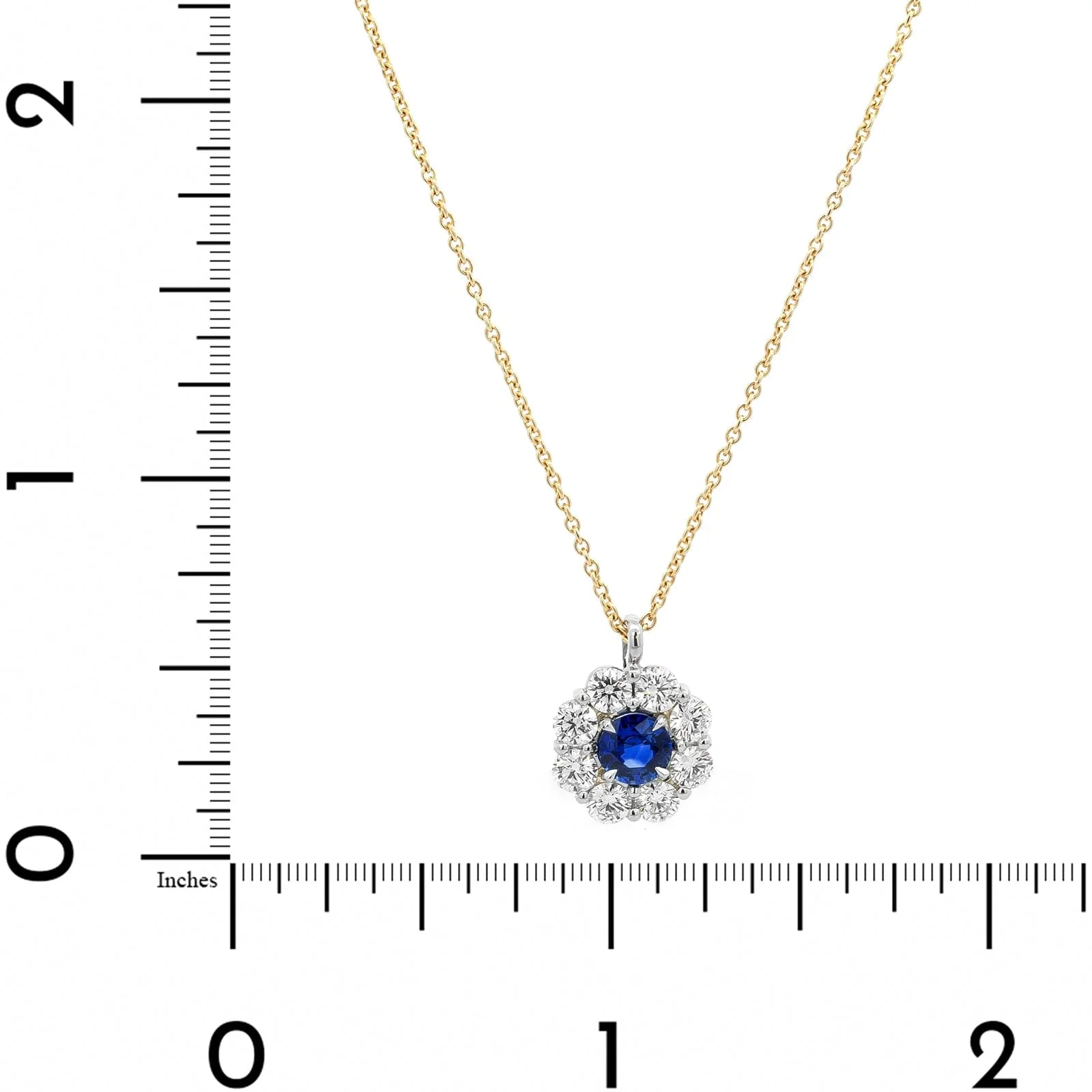 18K Yellow Gold and Platinum Round Shaped Sapphire and Diamond Halo Necklace - Image 4