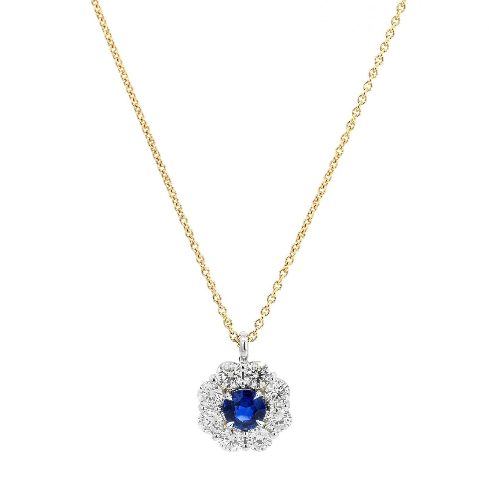 18K Yellow Gold and Platinum Round Shaped Sapphire and Diamond Halo Necklace - Image 5