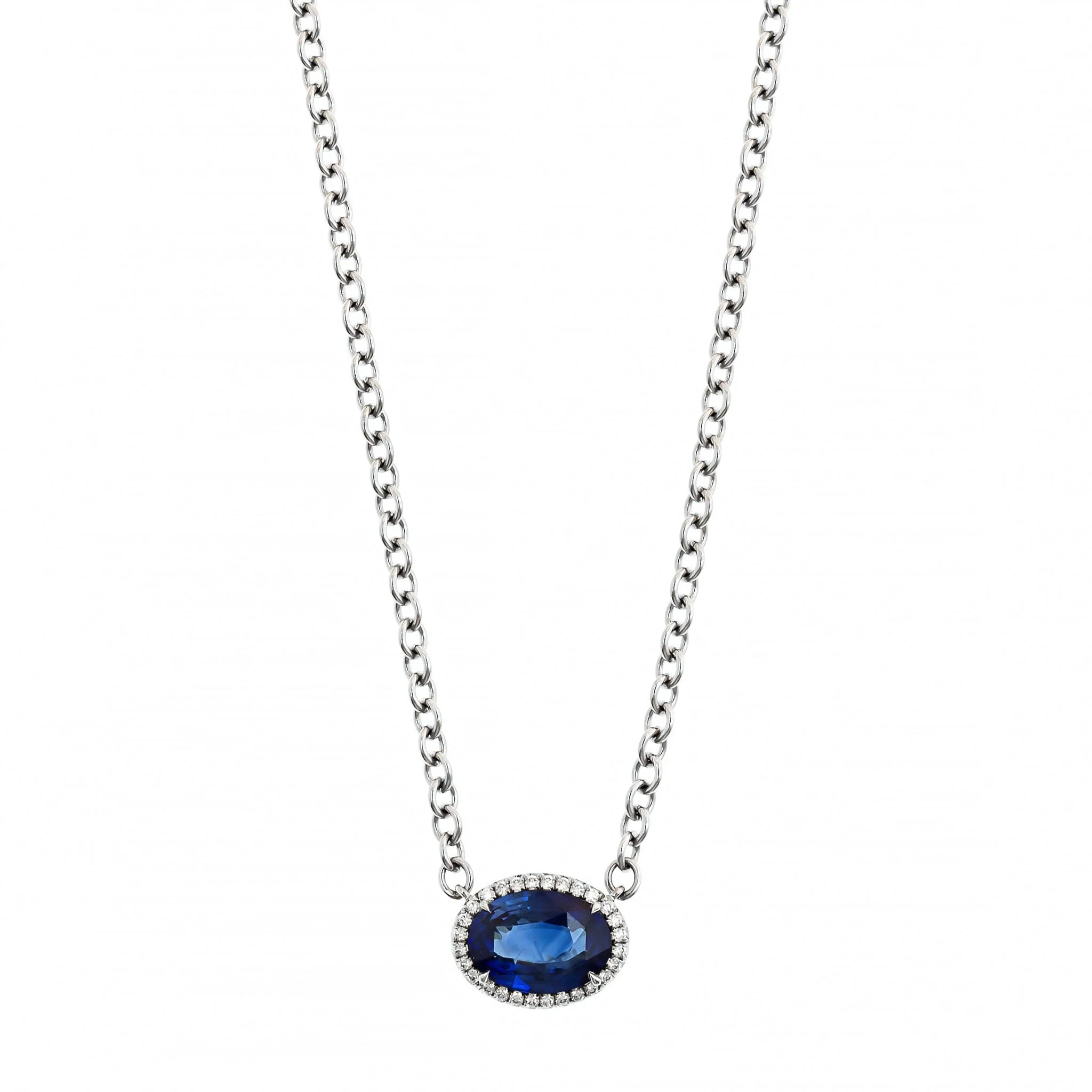 18K White Gold Oval  Blue Sapphire and Diamond Pendant Necklace - Image 5