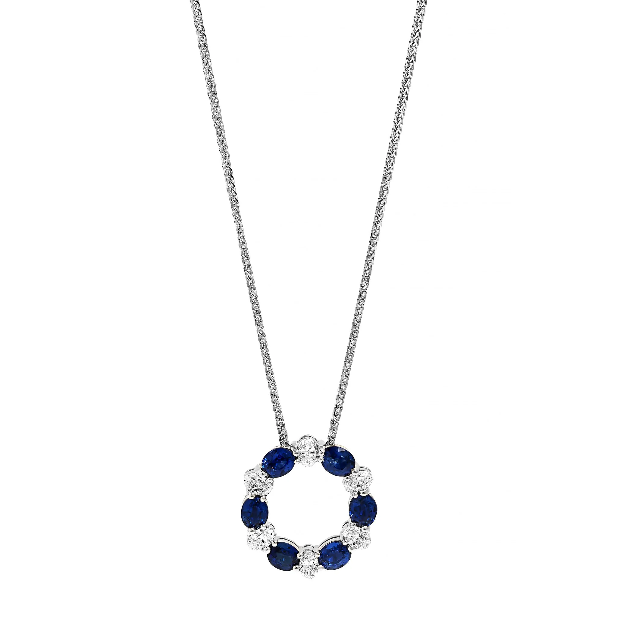 Platinum Oval Sapphire and Diamond Circle Pendant Necklace