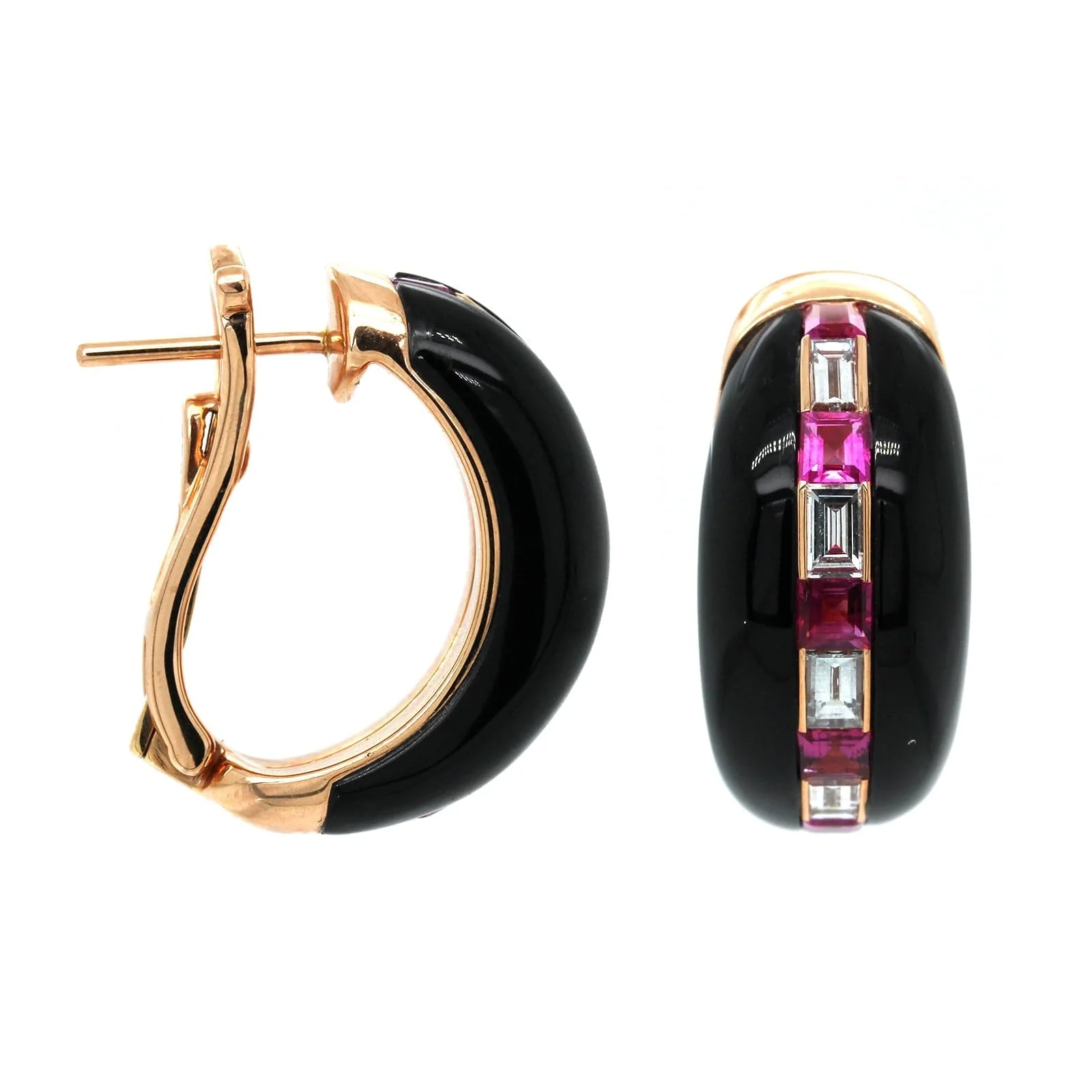 Eclat Jewels 18K Rose Gold Onyx Ruby and Diamond Huggie Earrings