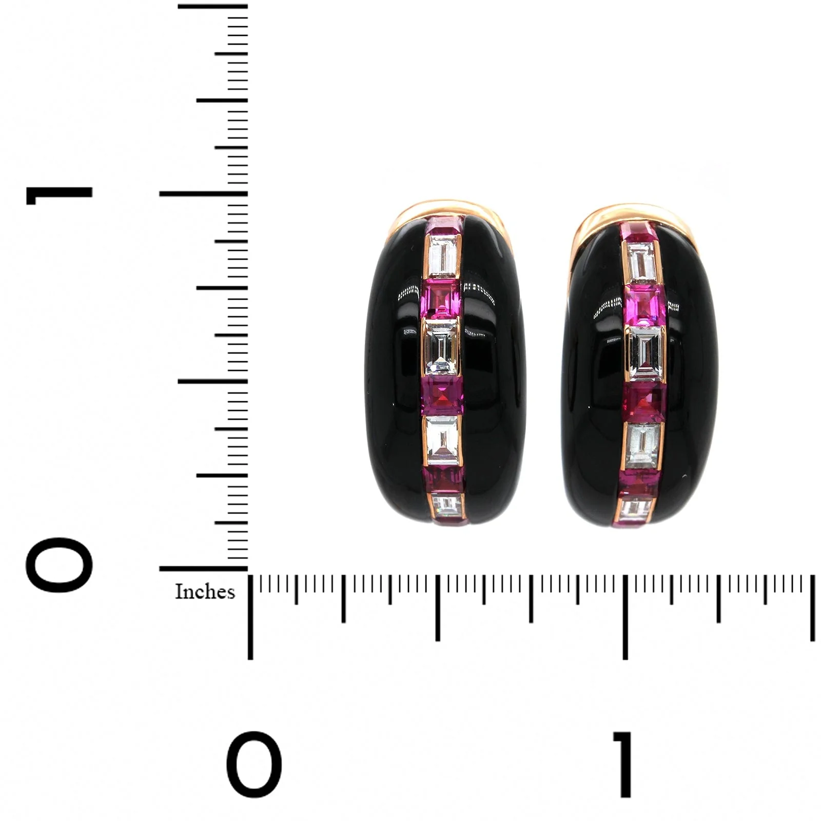 Eclat Jewels 18K Rose Gold Onyx Ruby and Diamond Huggie Earrings - Image 2