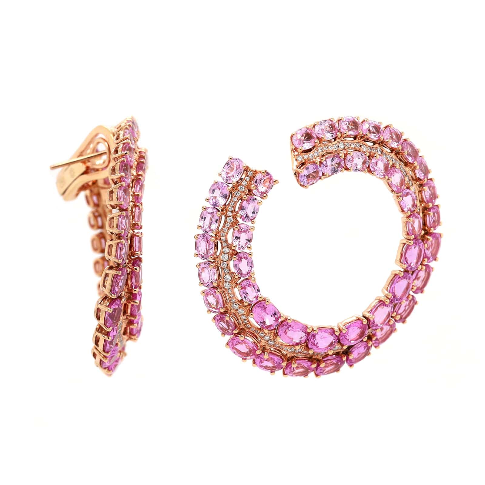 Eclat Jewels 18K Rose Gold Pink Sapphire and Diamond Hoop Earrings