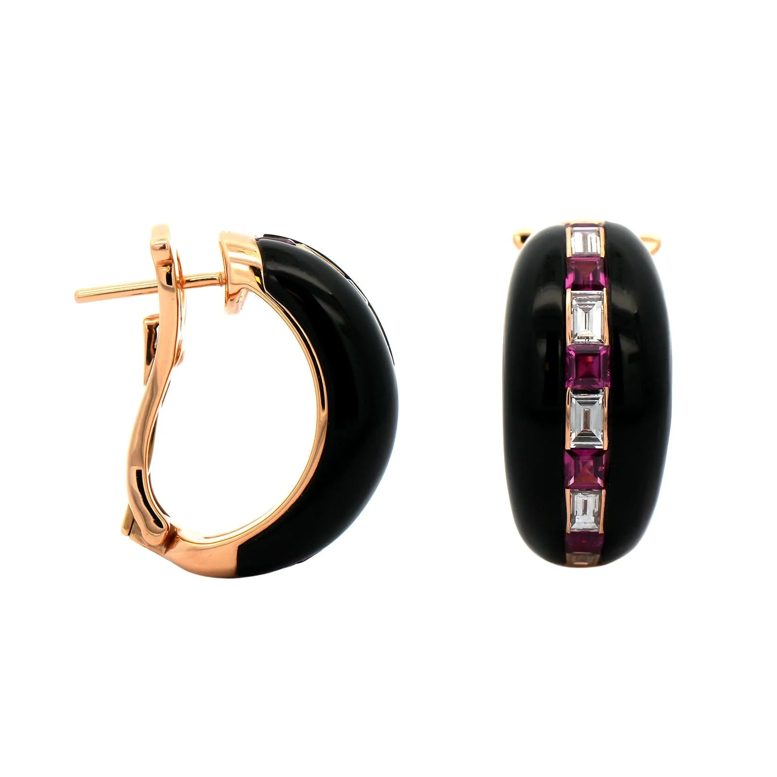 Eclat Jewels 18K Rose Gold Square Ruby and Diamond Huggie Earrings - Image 3
