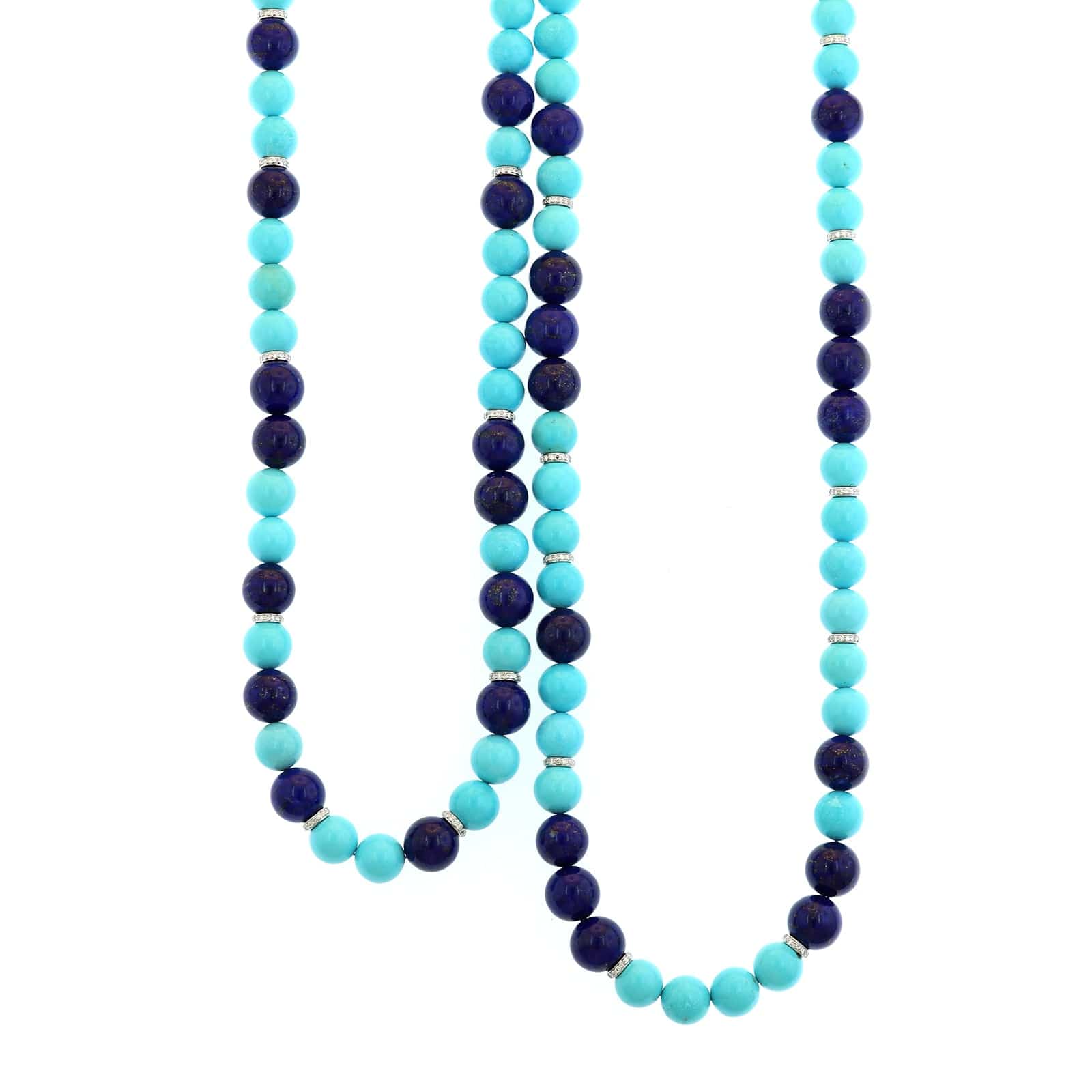Eclat Jewels 18K White Gold Lapis, Turquoise, and Diamond Beaded Necklace - Image 2