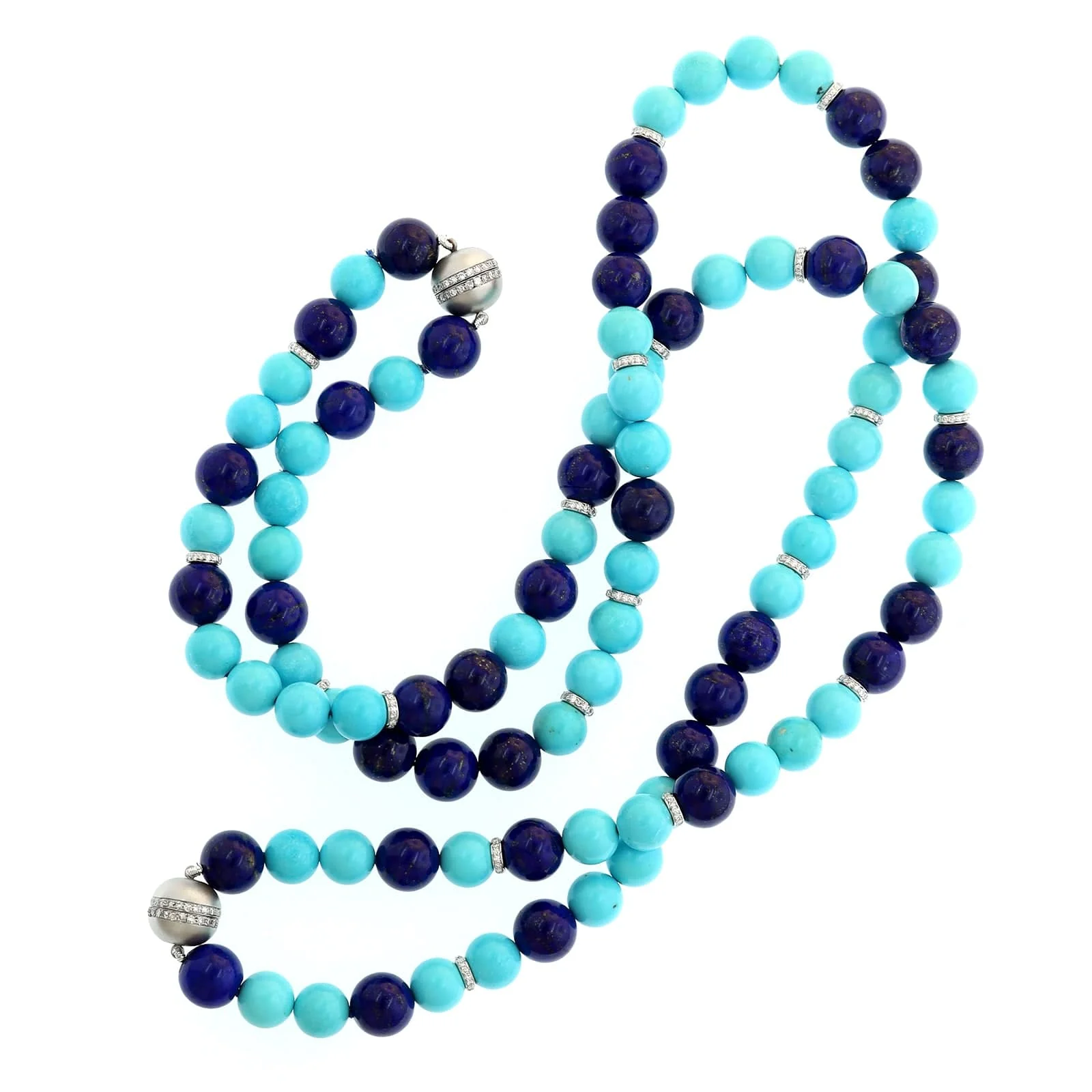 Eclat Jewels 18K White Gold Lapis, Turquoise, and Diamond Beaded Necklace - Image 3