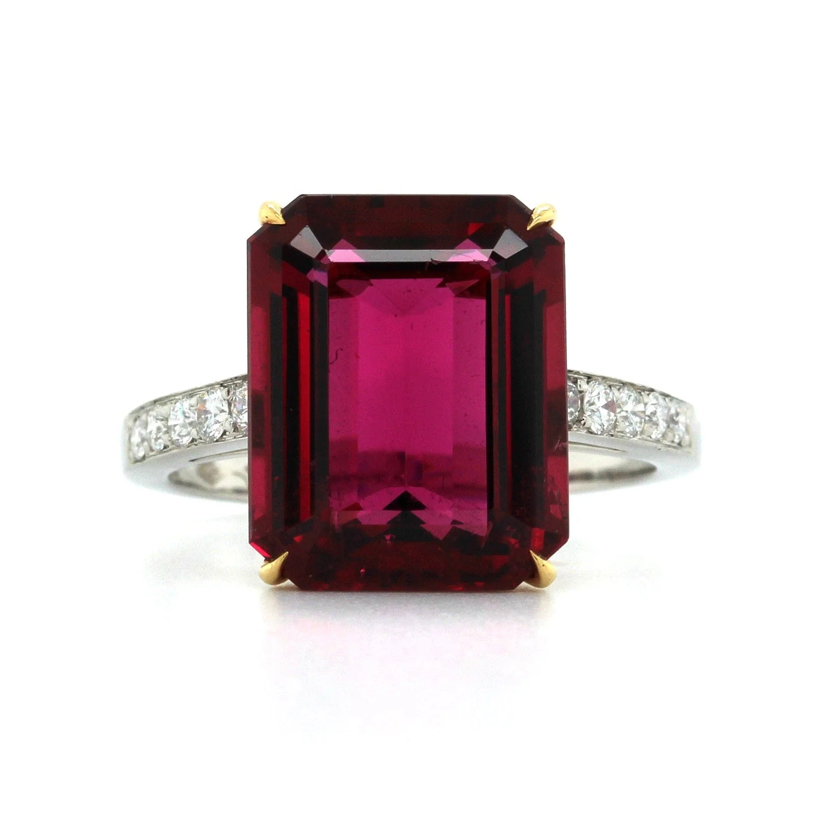 Eclat Jewels Platinum and 18K Yellow Gold Emerald Cut Rubellite and Diamond Ring