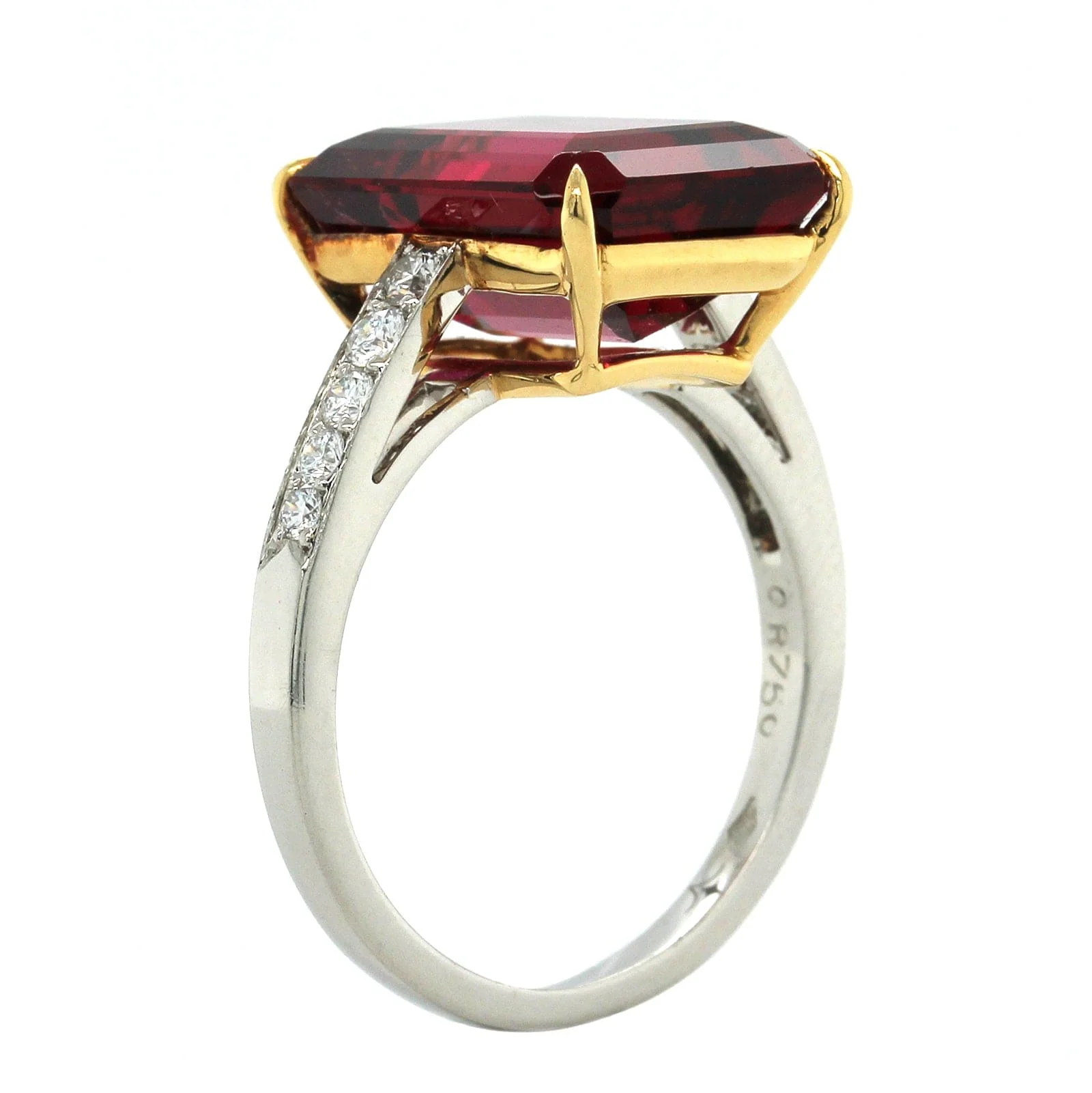 Eclat Jewels Platinum and 18K Yellow Gold Emerald Cut Rubellite and Diamond Ring - Image 2