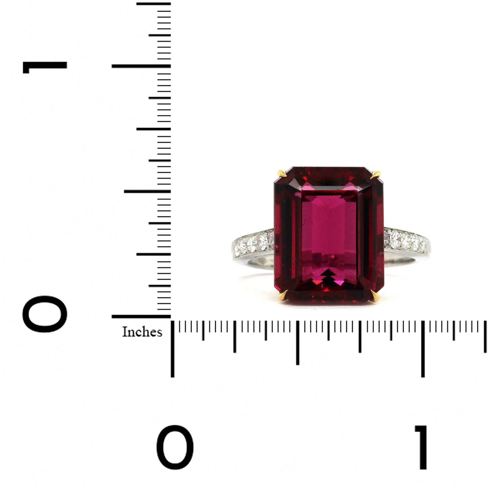 Eclat Jewels Platinum and 18K Yellow Gold Emerald Cut Rubellite and Diamond Ring - Image 3