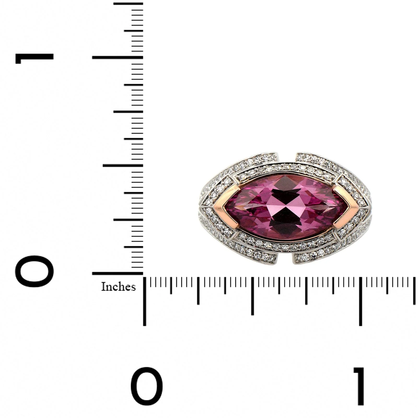 Eclat Jewels Platinum and 18K Yellow Gold Marquise Shaped Pink Spinel & Diamond Ring - Image 3