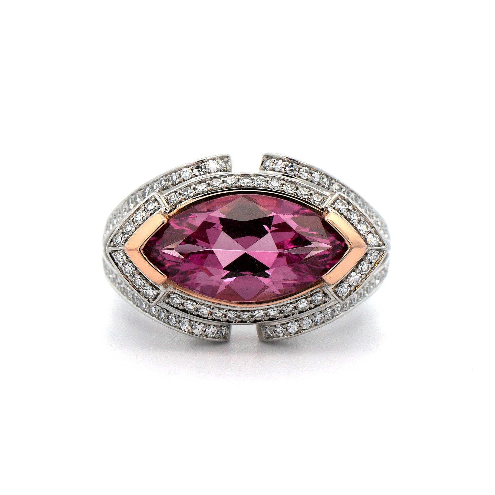 Eclat Jewels Platinum and 18K Yellow Gold Marquise Shaped Pink Spinel & Diamond Ring - Image 4