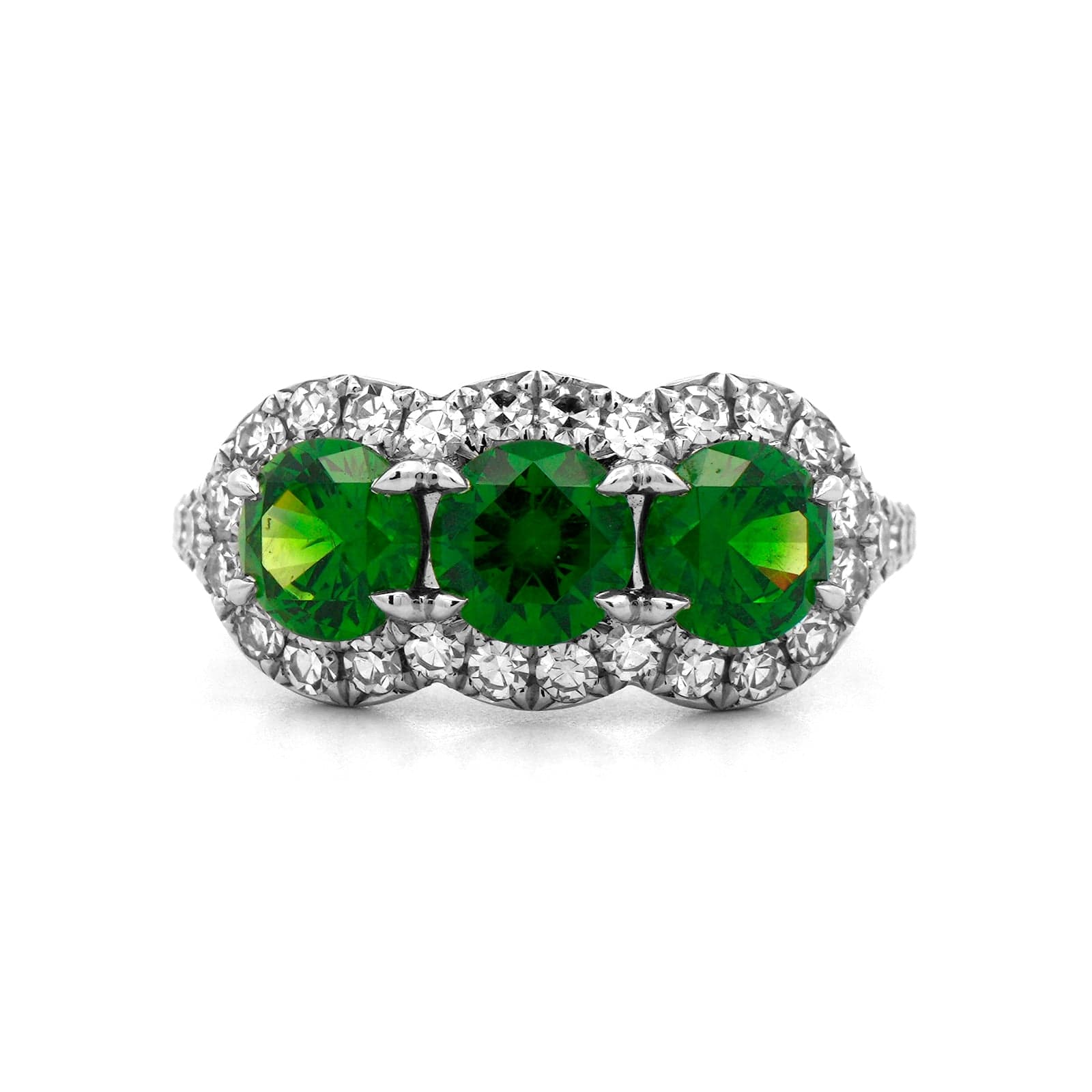 Eclat Jewels Platinum Demantoid Green Garnet Three Stone Diamond Ring - Image 4