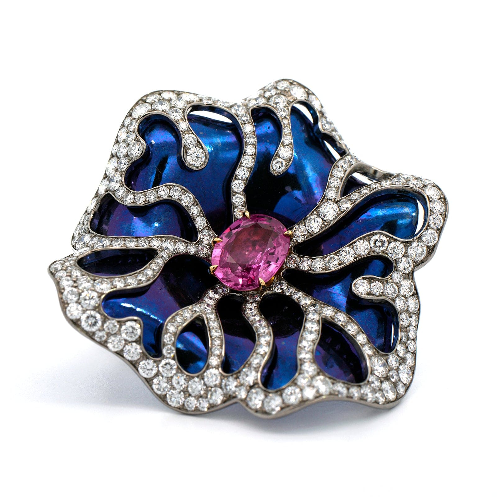 Eclat Jewels Titanium and 18K Yellow Gold Pink Sapphire and Diamond Rose Flower Brooch