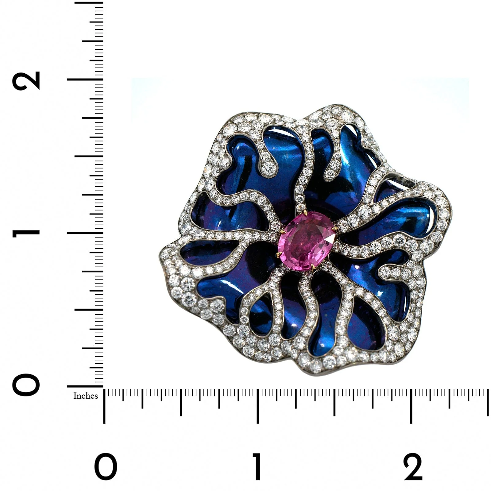 Eclat Jewels Titanium and 18K Yellow Gold Pink Sapphire and Diamond Rose Flower Brooch - Image 3
