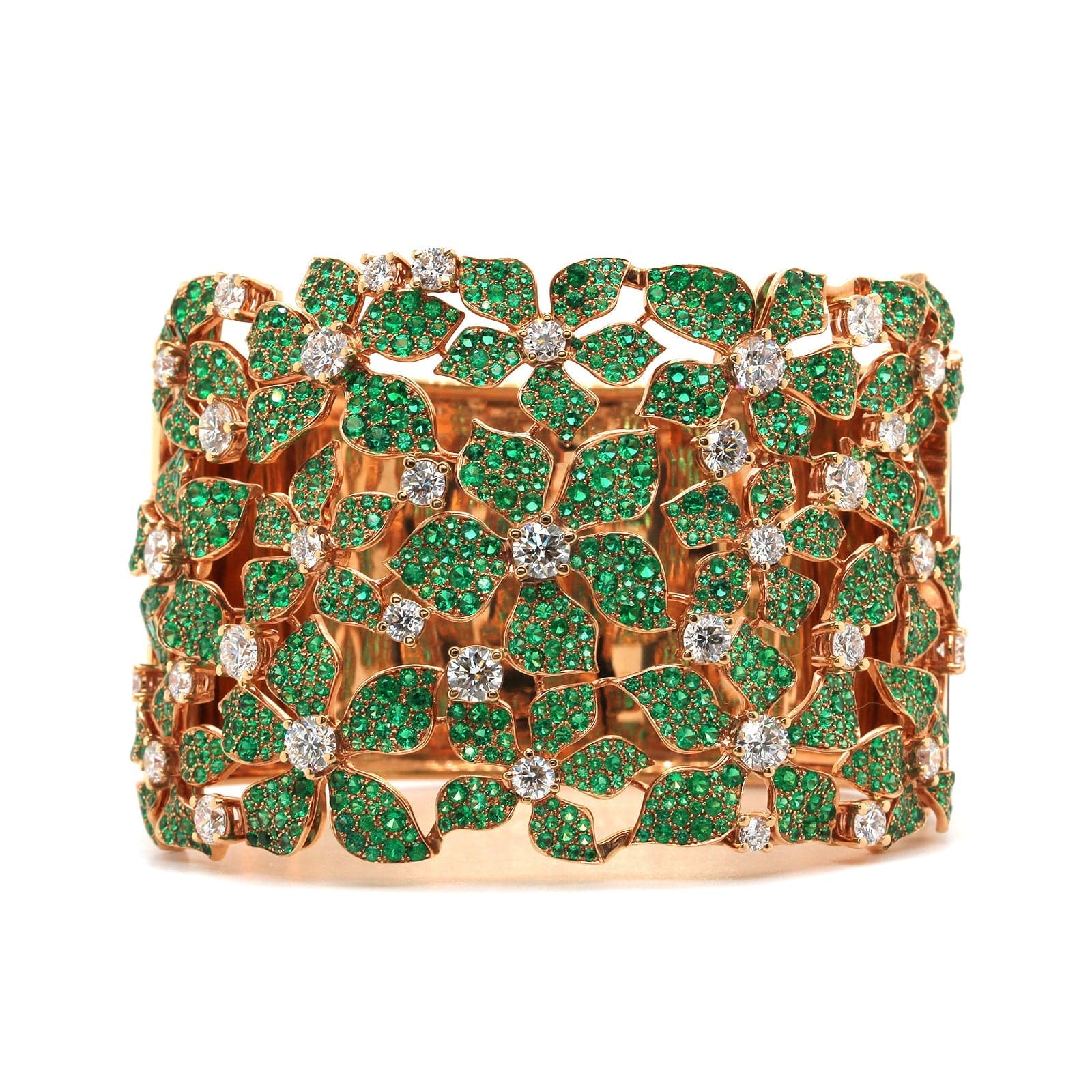 18K Rose Gold Emerald and Diamond Flower Cuff Bracelet