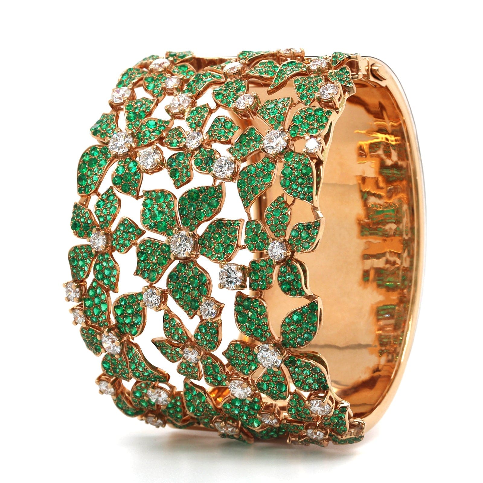 18K Rose Gold Emerald and Diamond Flower Cuff Bracelet - Image 2