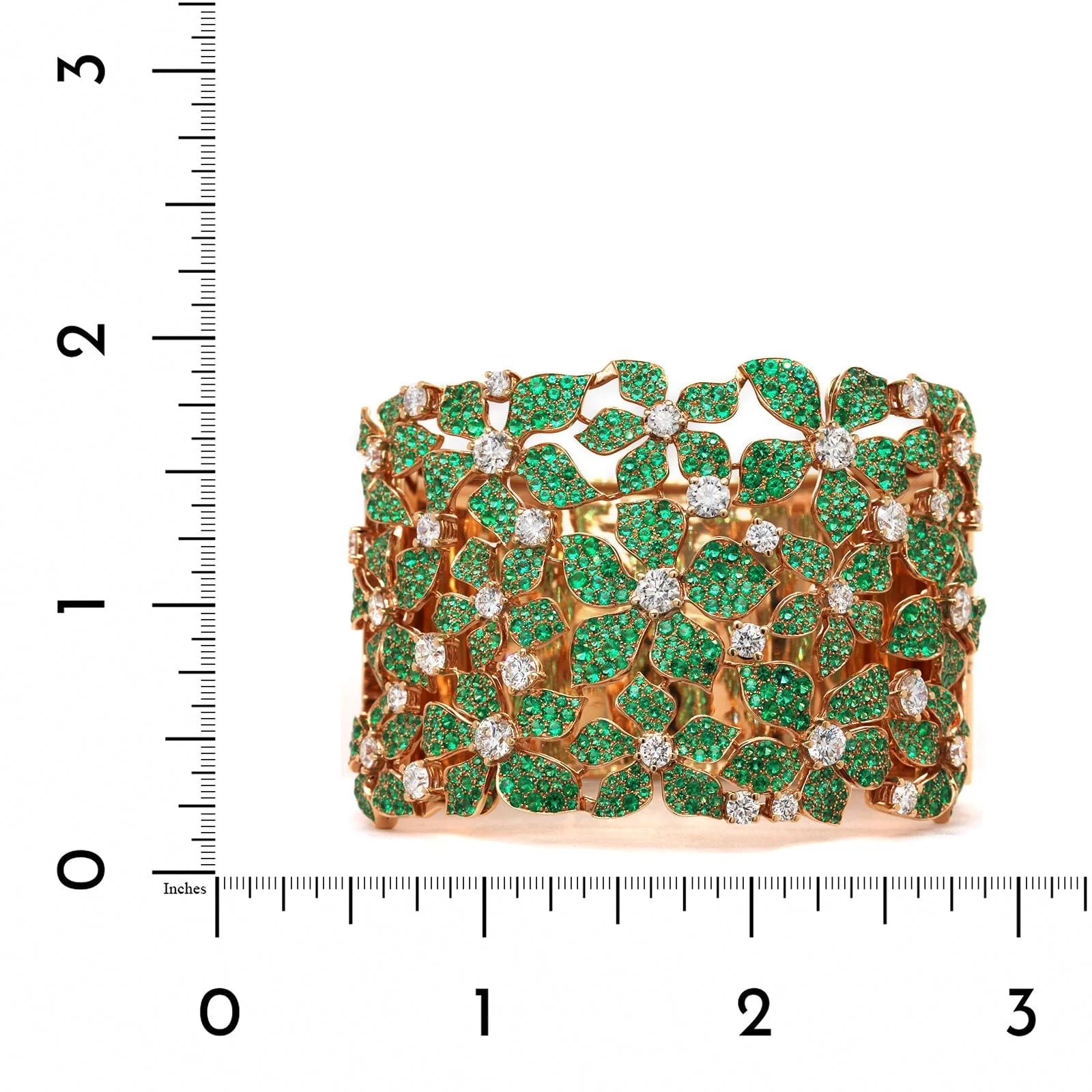 18K Rose Gold Emerald and Diamond Flower Cuff Bracelet - Image 3