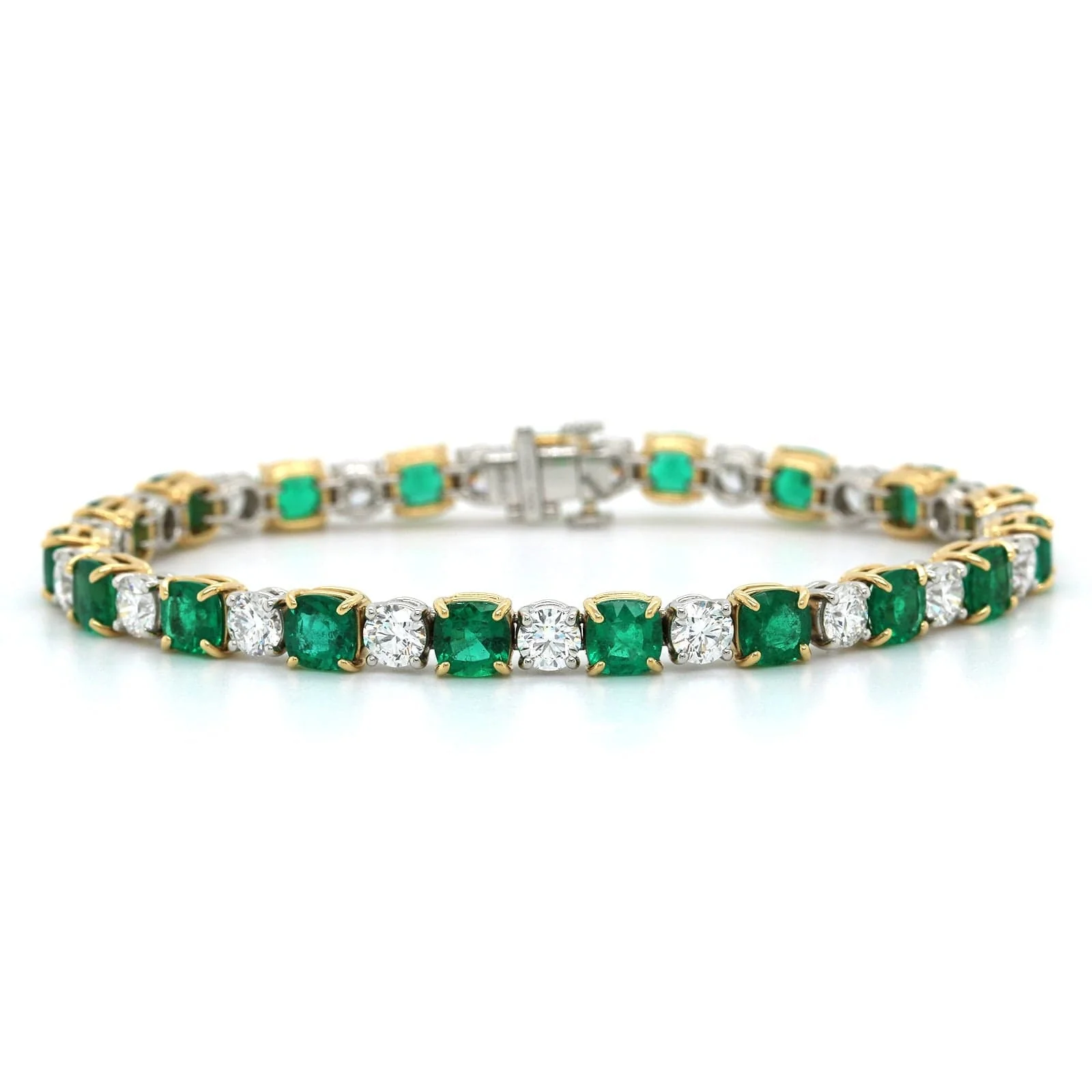 18K Yellow Gold Cushion Emerald and Diamond Tennis Bracelet - Image 4