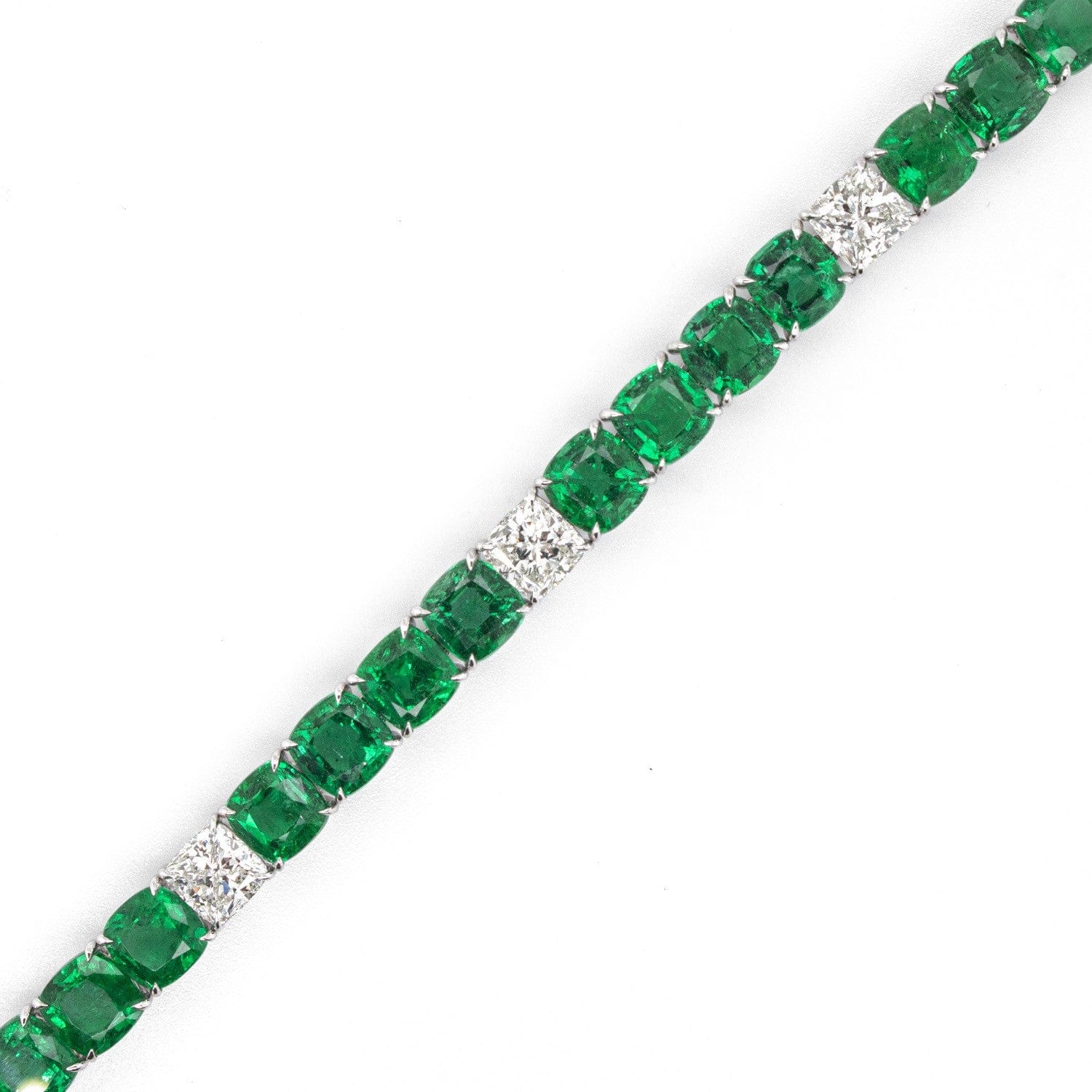 18K White Gold Cushion Emerald and Diamond Tennis Bracelet - Image 2