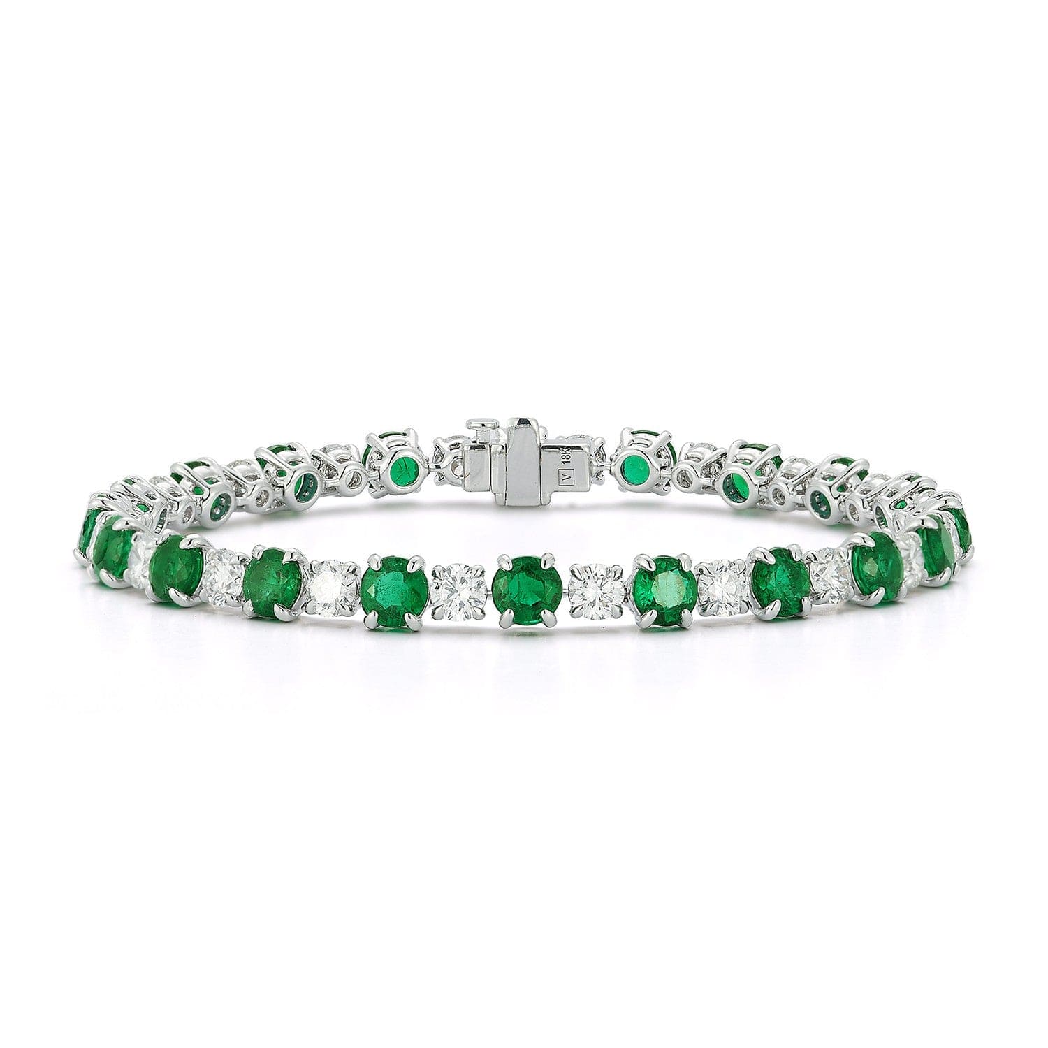 18K White Gold Alternating Round Emerald and Diamond Bracelet