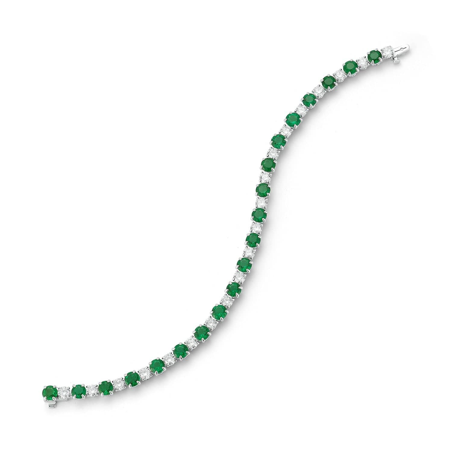 18K White Gold Alternating Round Emerald and Diamond Bracelet - Image 2