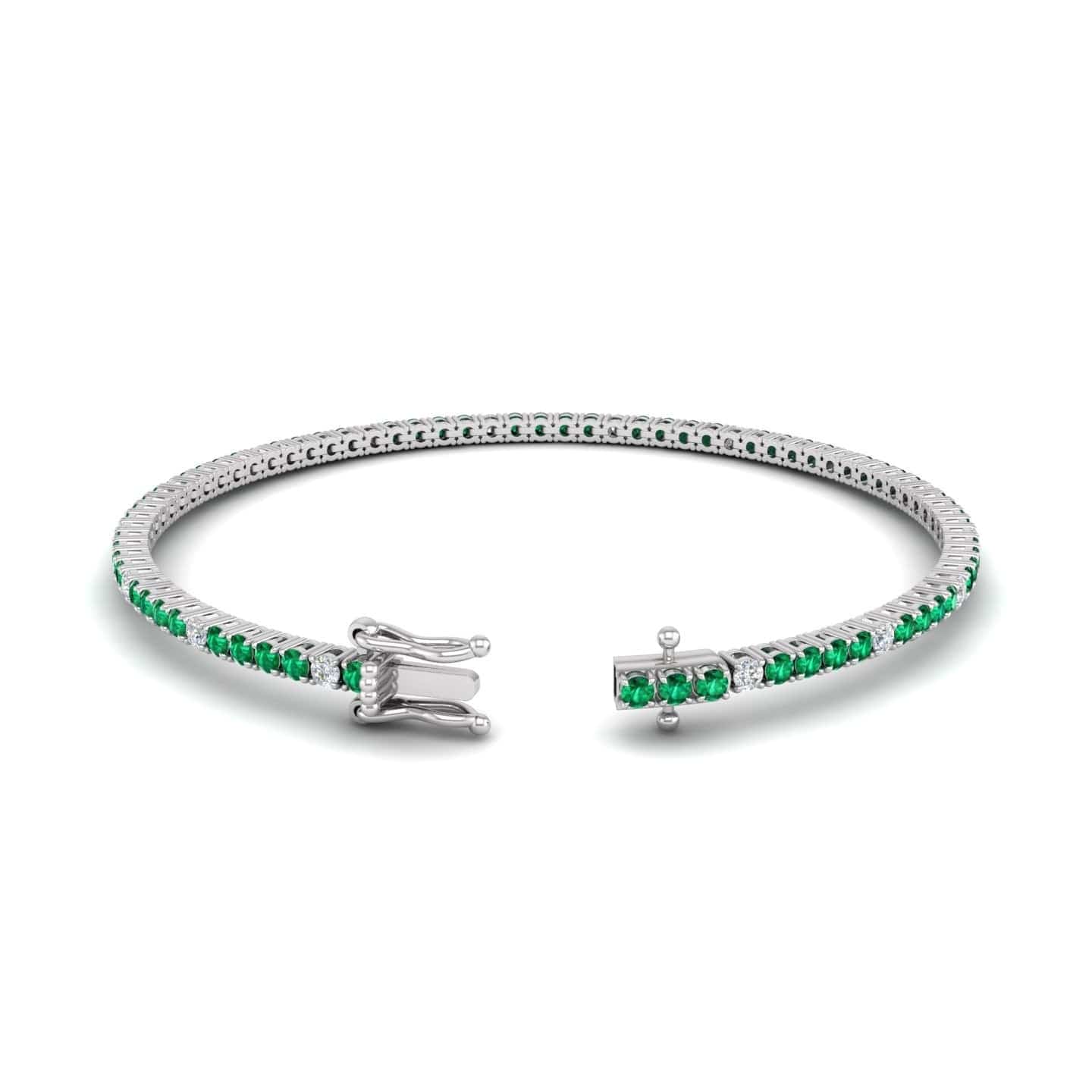 18K White Gold Alternating Emerald and Diamond Tennis Bracelet - Image 3