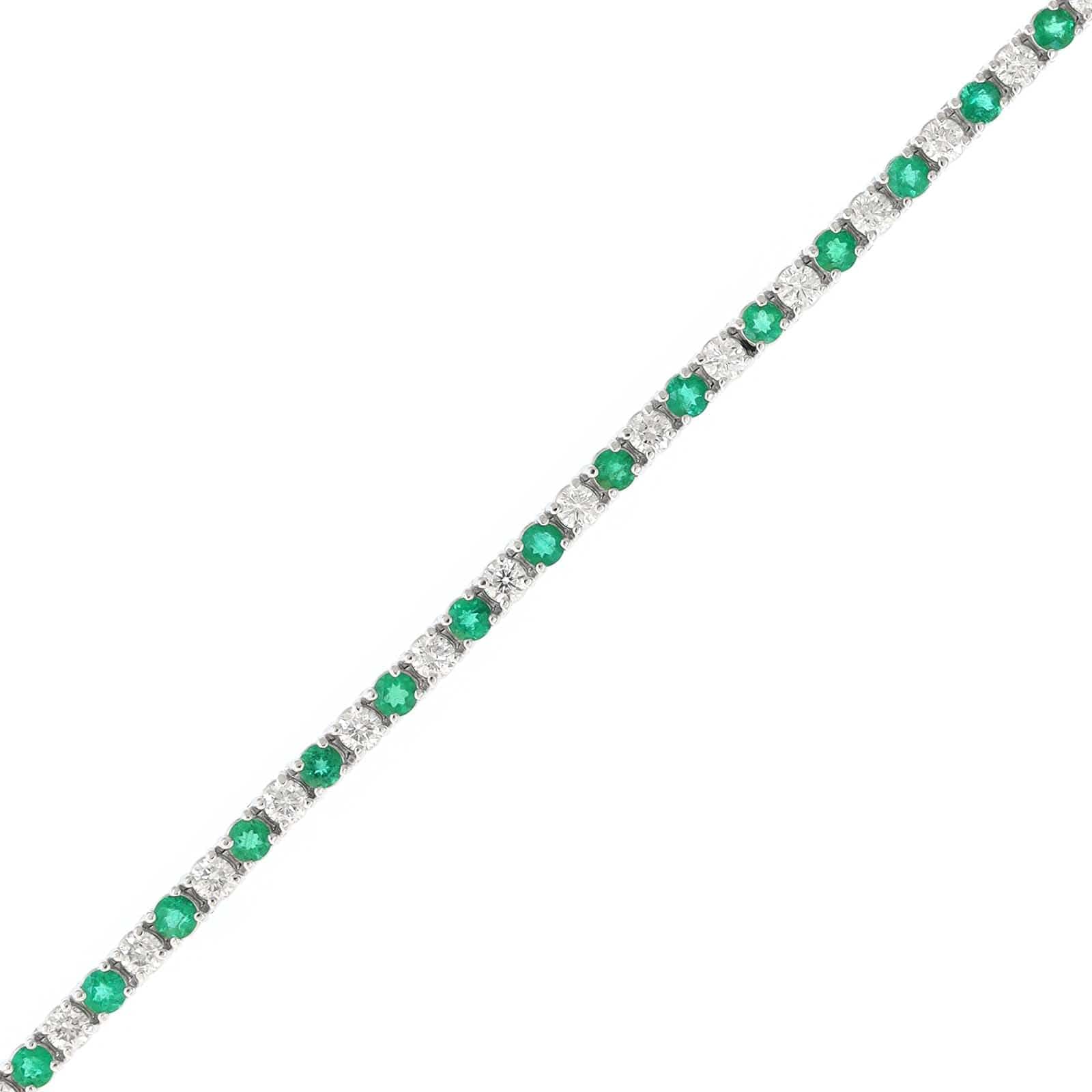 Platinum Alternating Round Emerald and Diamond Tennis Bracelet - Image 2