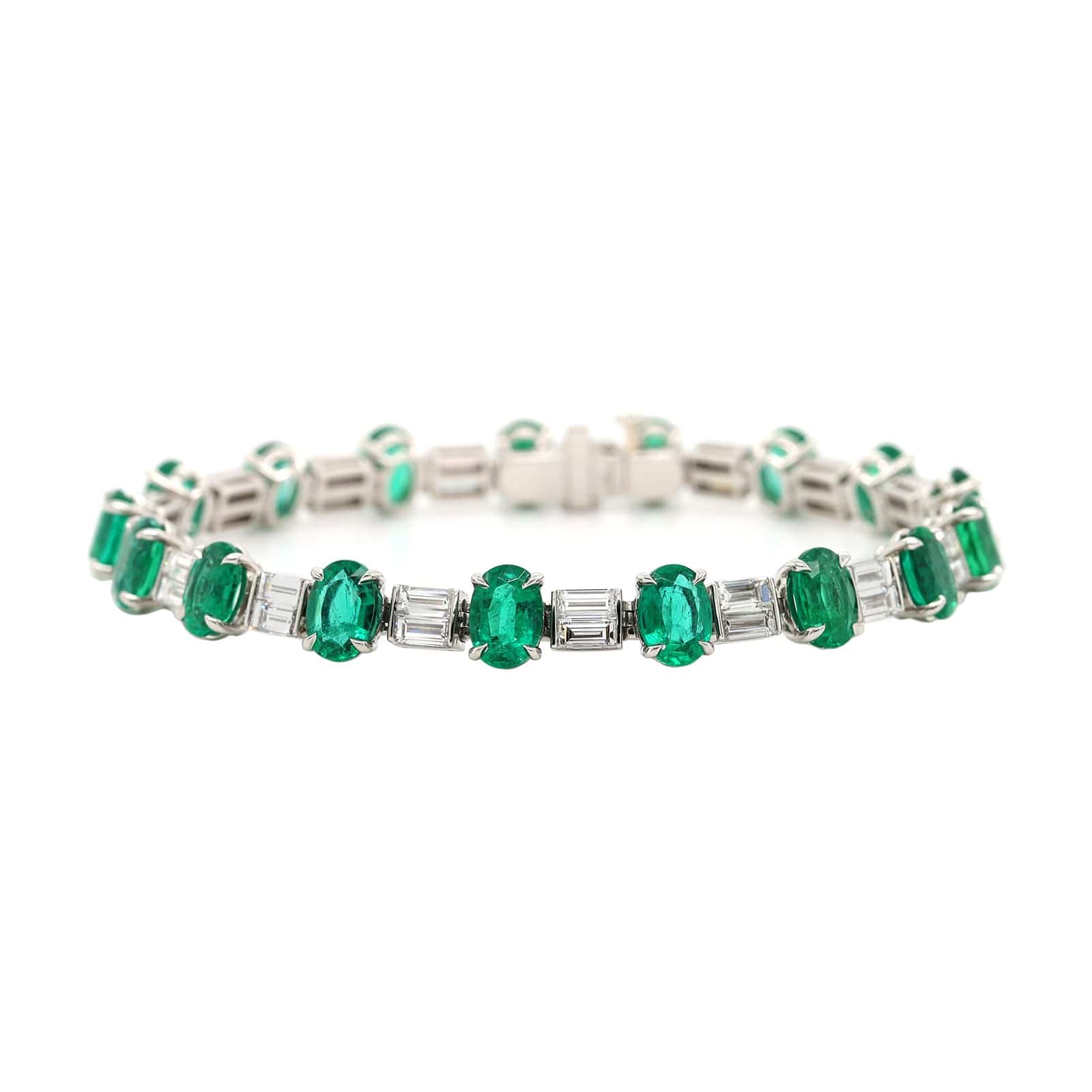Platinum Alternating Oval Emerald and Baguette Shaped Diamond Tennis Bracelet
