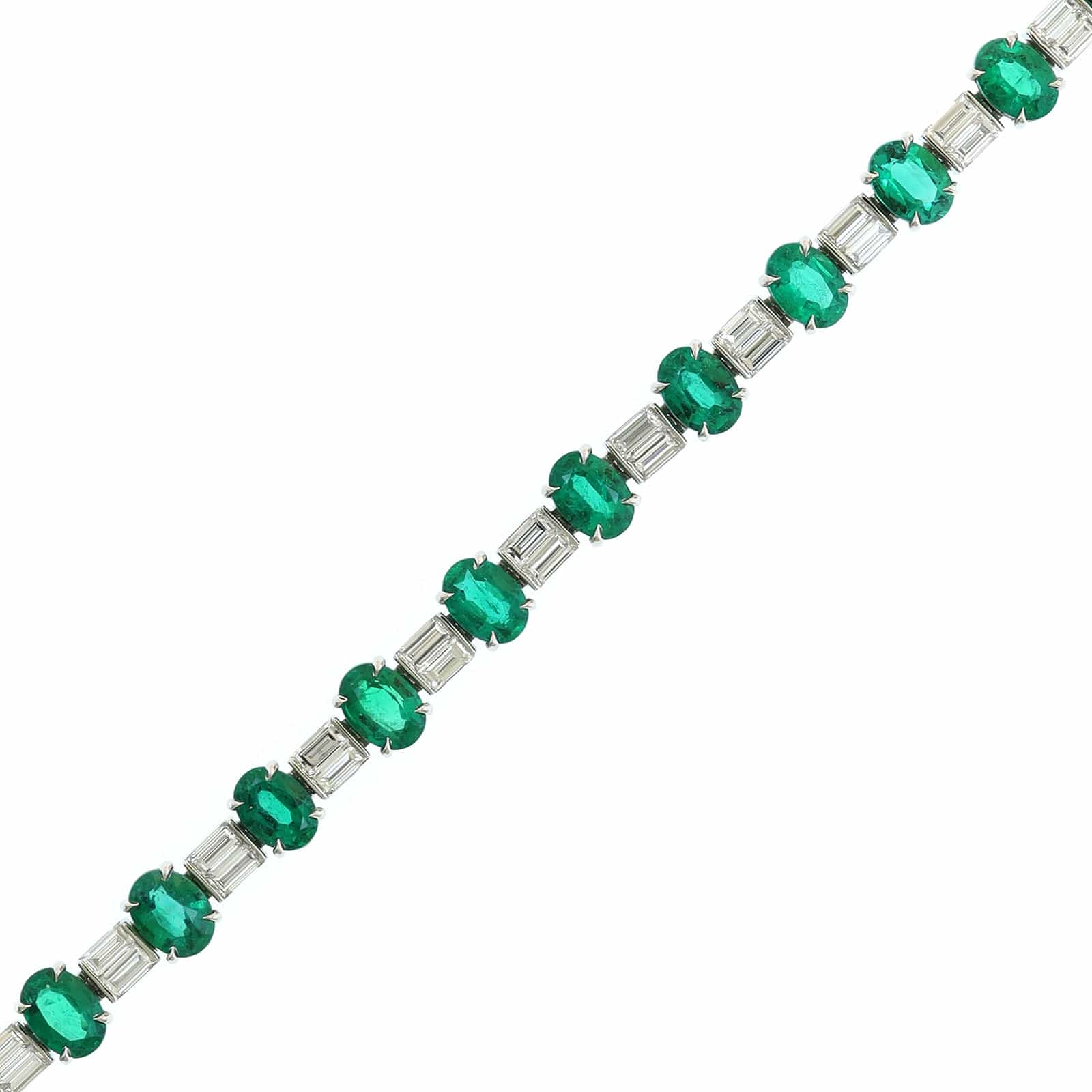 Platinum Alternating Oval Emerald and Baguette Shaped Diamond Tennis Bracelet - Image 2