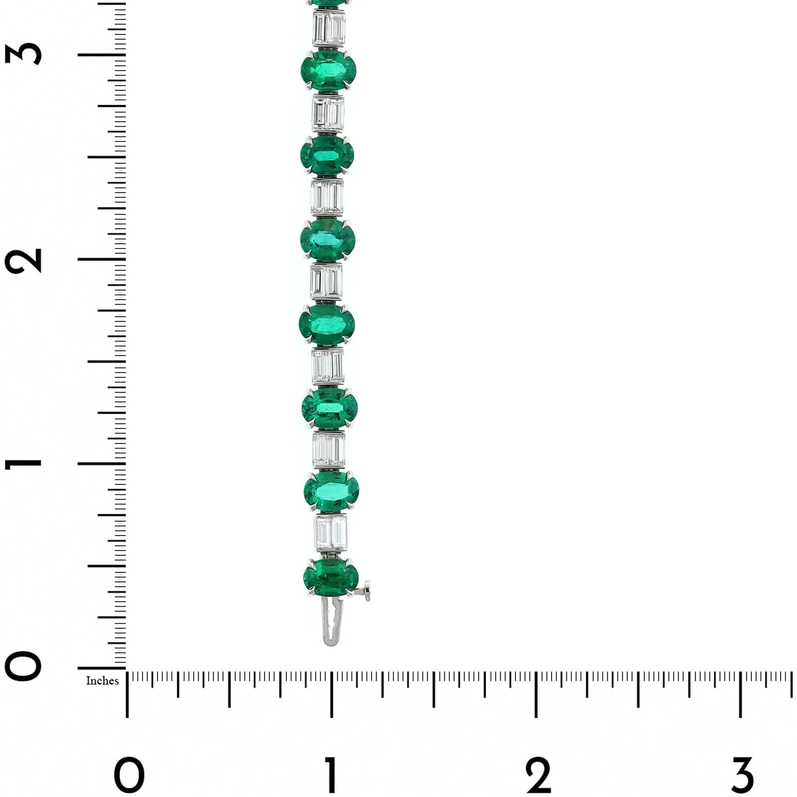 Platinum Alternating Oval Emerald and Baguette Shaped Diamond Tennis Bracelet - Image 3