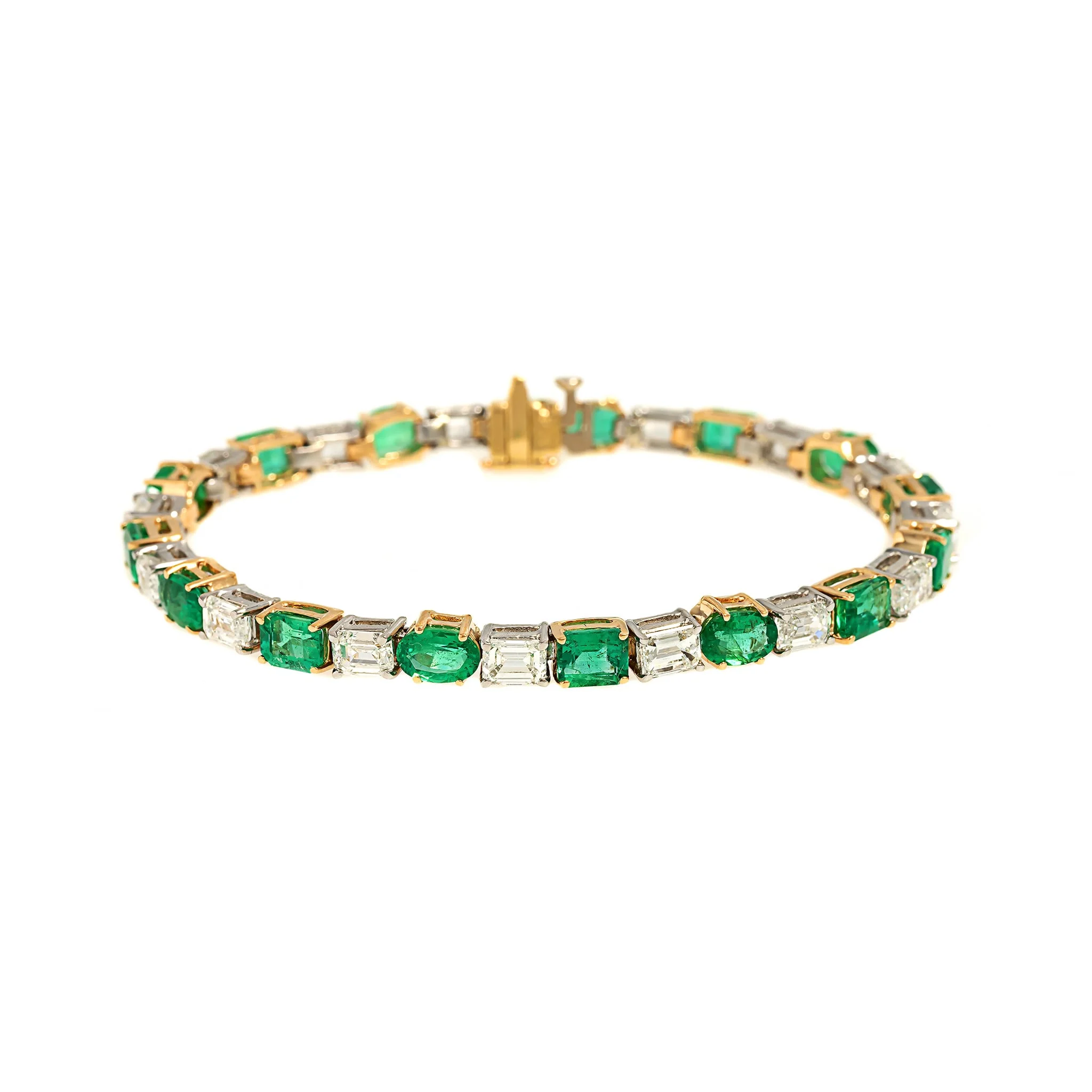 Platinum and 18K Yellow Gold Alternating Oval Emerald and Emerald Cut Diamond Tennis Bracelet