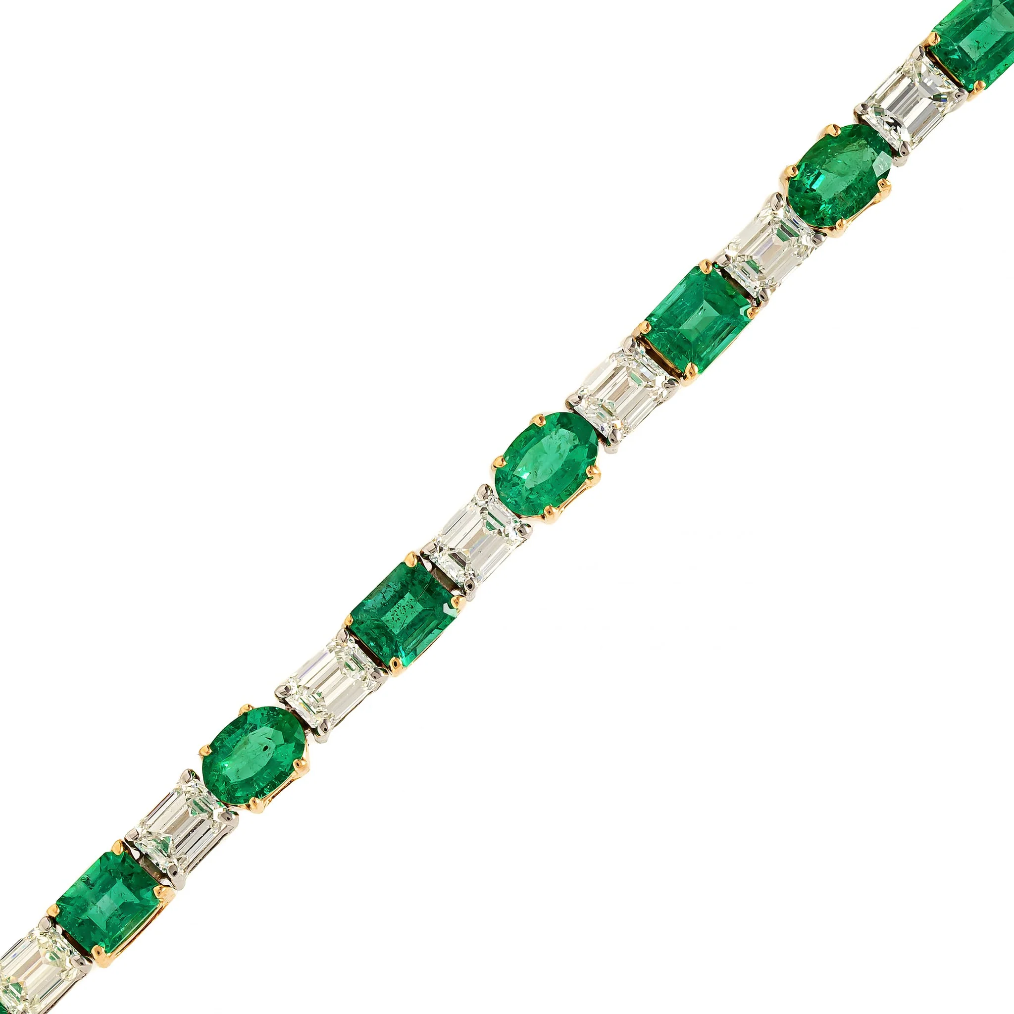 Platinum and 18K Yellow Gold Alternating Oval Emerald and Emerald Cut Diamond Tennis Bracelet - Image 2