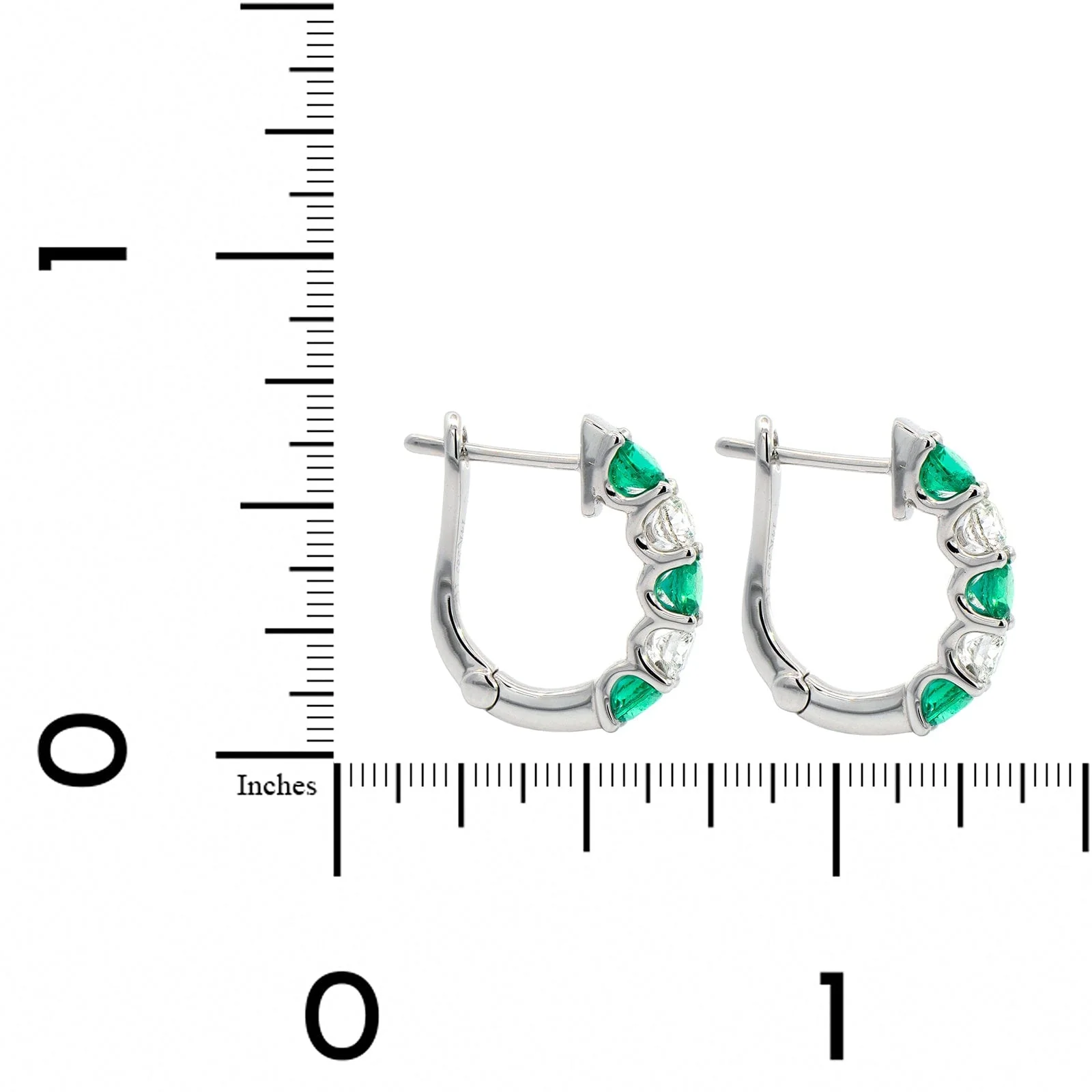 14K White Gold Alternating Diamond & Emerald Huggie Earrings - Image 2