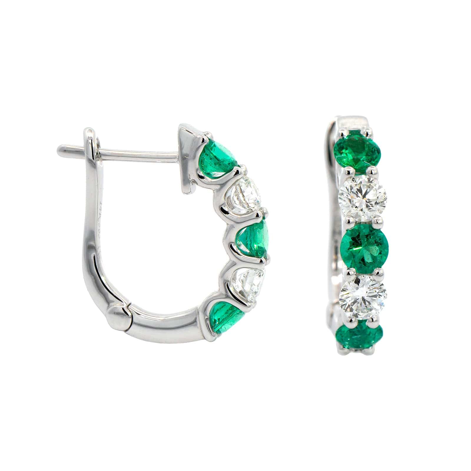 14K White Gold Alternating Diamond & Emerald Huggie Earrings - Image 3