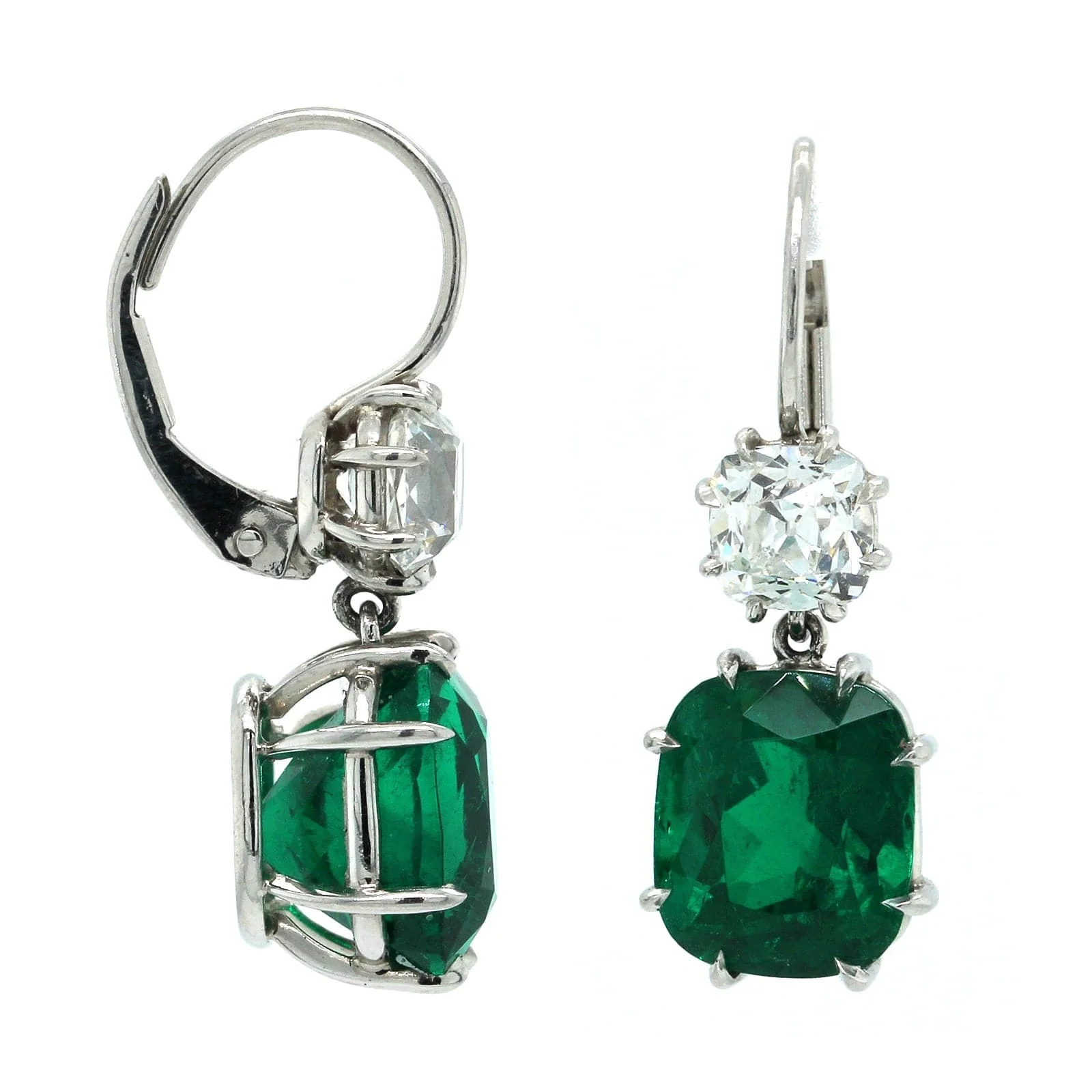 Platinum Cushion Emerald Diamond Drop Earrings