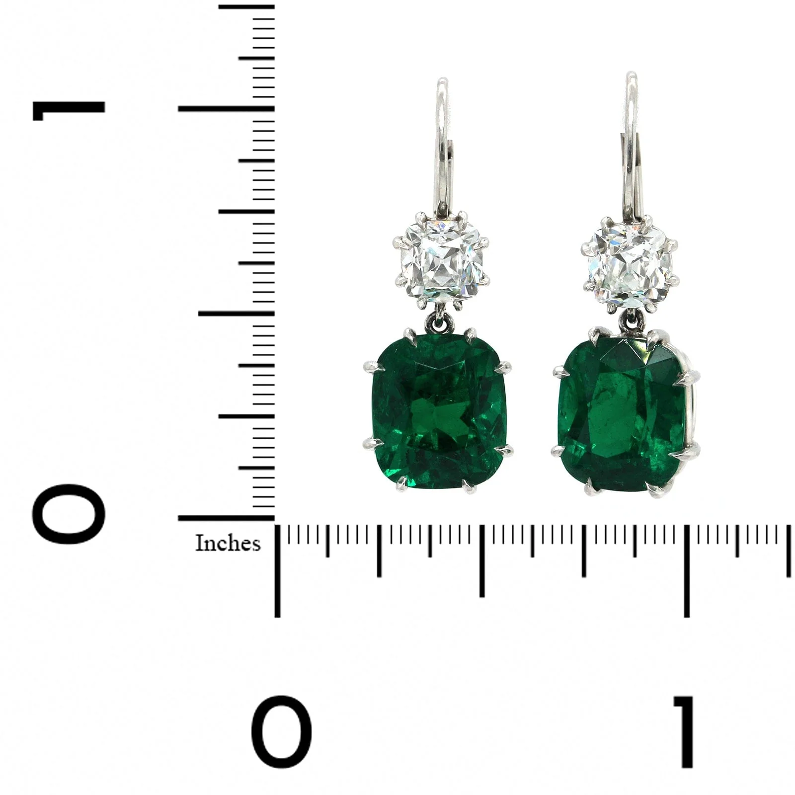Platinum Cushion Emerald Diamond Drop Earrings - Image 2