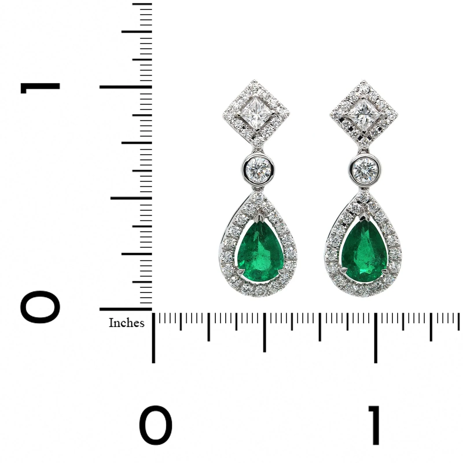 18K White Gold Pear Shape Emerald Diamond Drop Earrings - Image 2