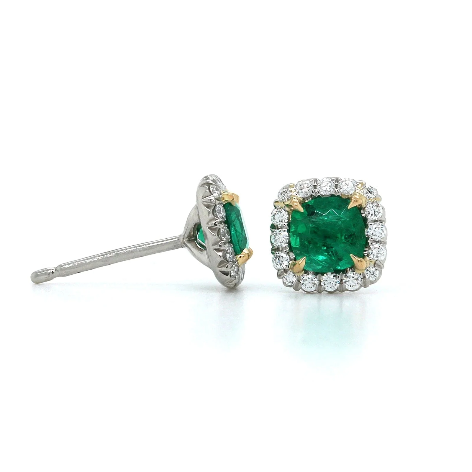 Platinum Cushion Emerald Diamond Halo Stud Earrings - Image 3
