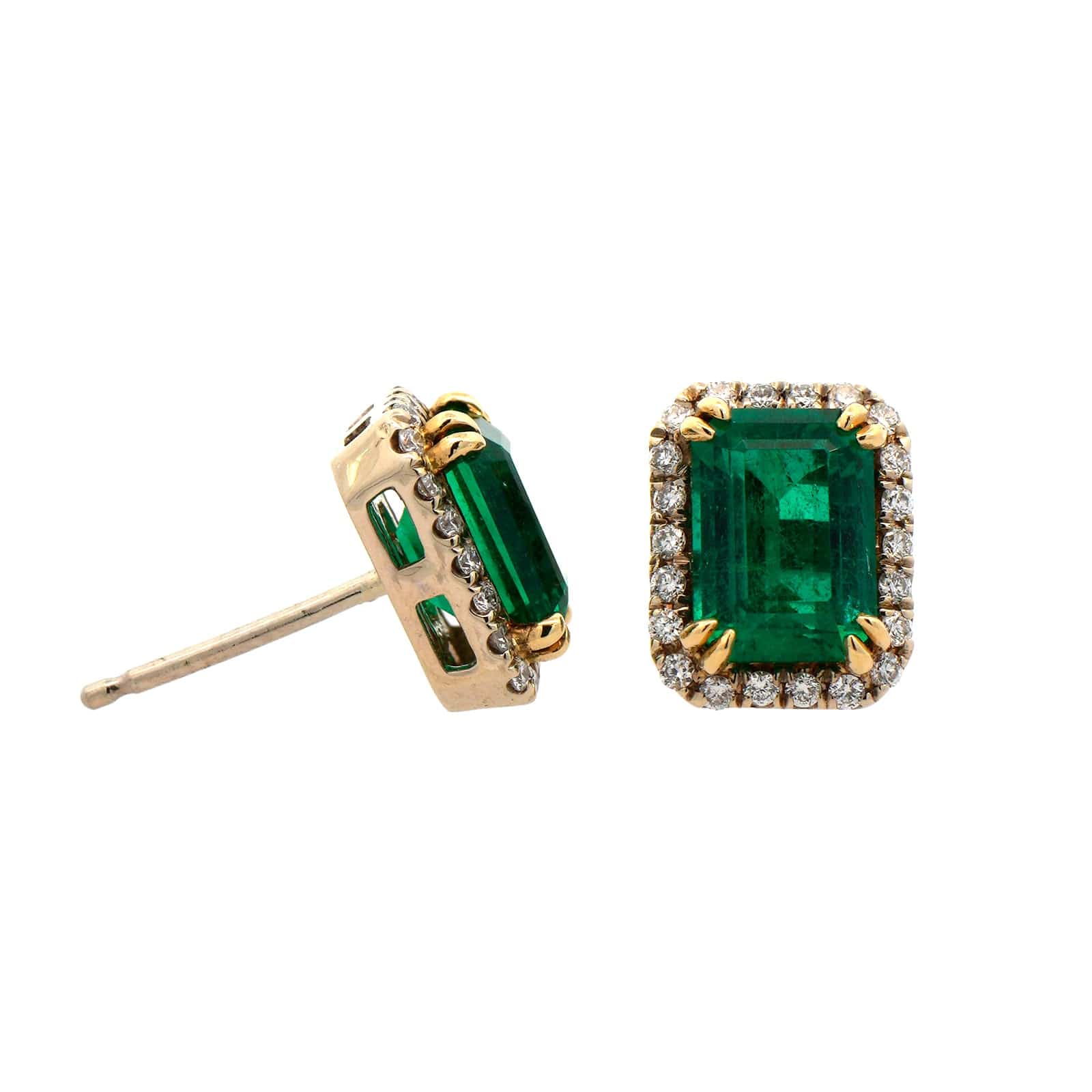 18K Yellow Gold Emerald and Diamond Halo Earrings - Image 3