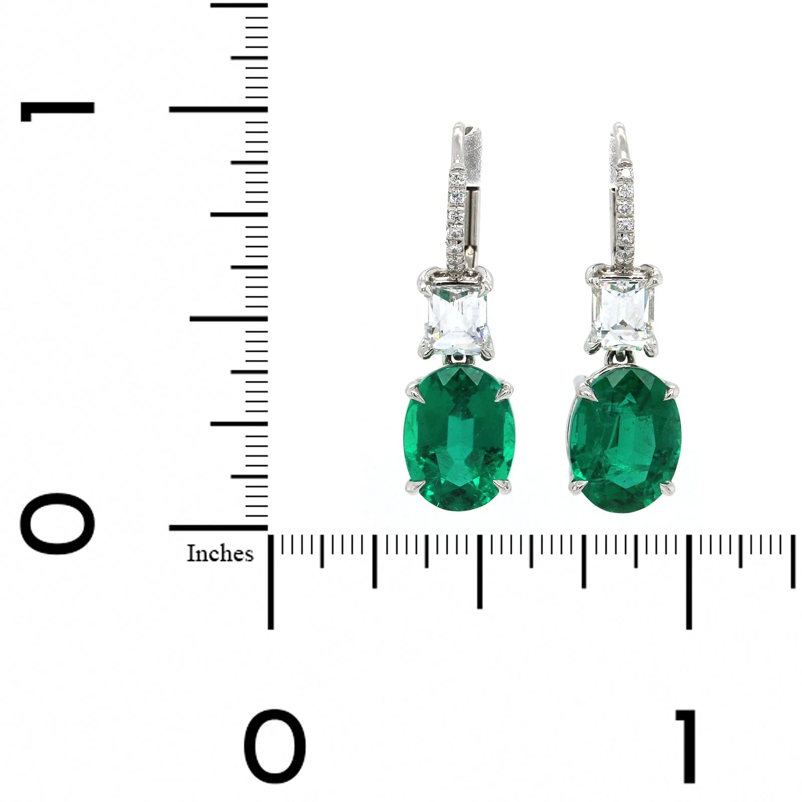 Platinum Oval Emerald and Diamond Drop Earrings - Image 2