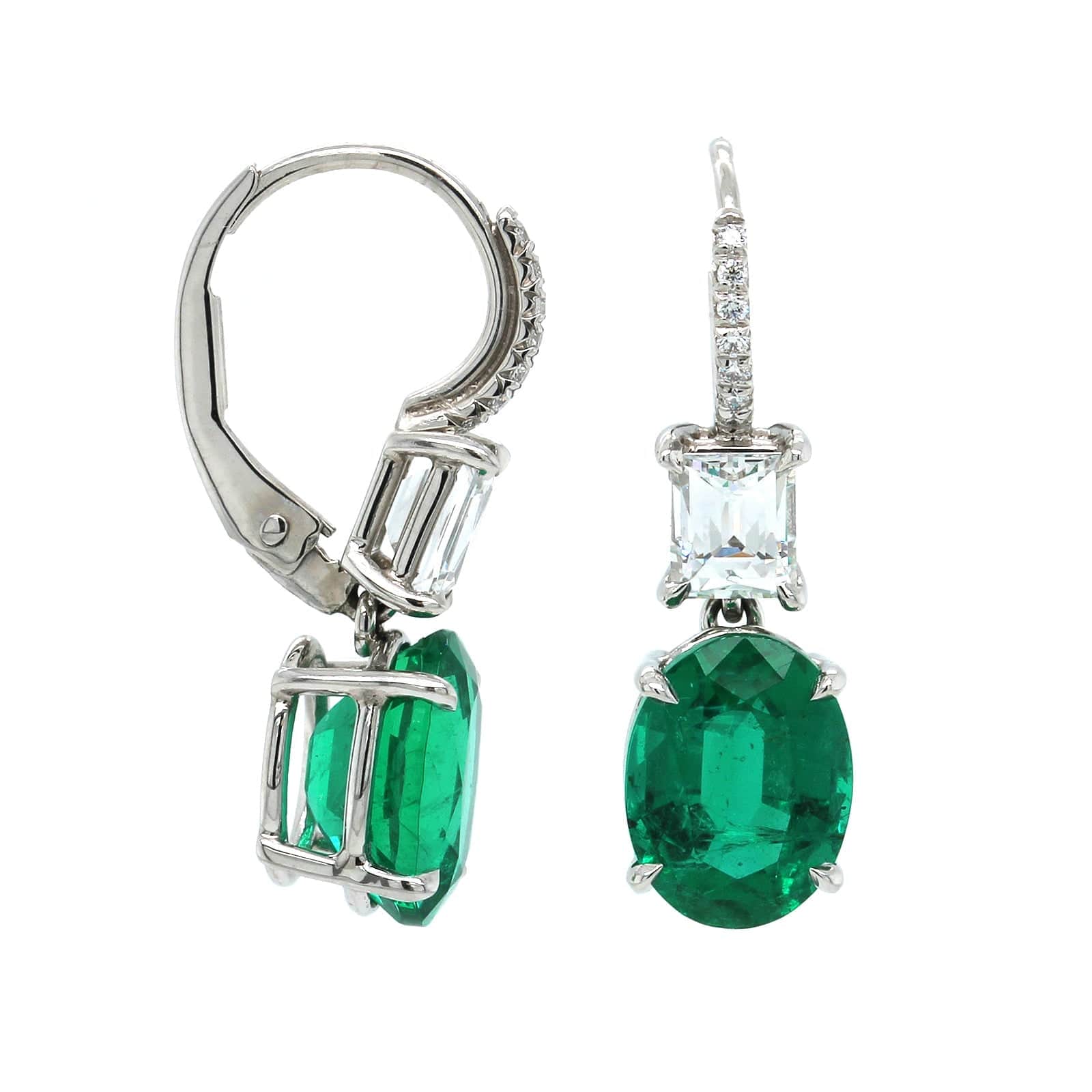 Platinum Oval Emerald and Diamond Drop Earrings - Image 3